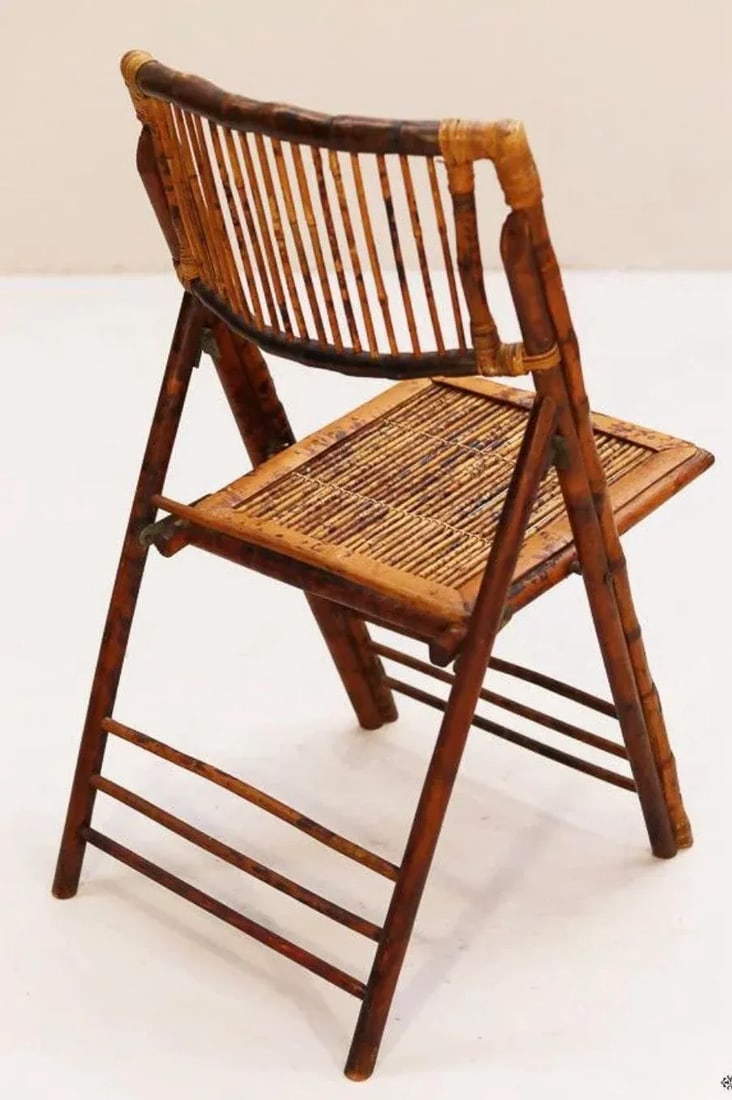 1990s Rattan Folding Chairs Set of 4 Vintage Burnt Bamboo Finish Dining Side Chairs - 2