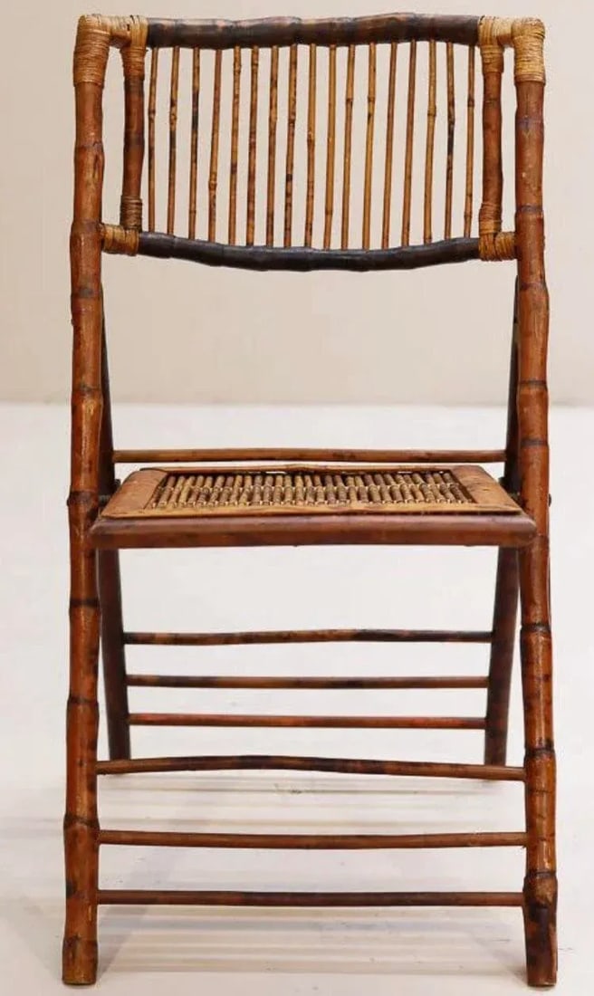 1990s Rattan Folding Chairs Set of 4 Vintage Burnt Bamboo Finish Dining Side Chairs - 3