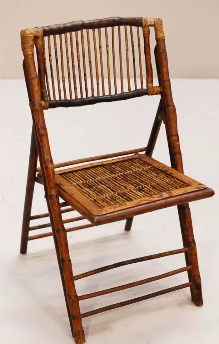 1990s Rattan Folding Chairs Set of 4 Vintage Burnt Bamboo Finish Dining Side Chairs - 4