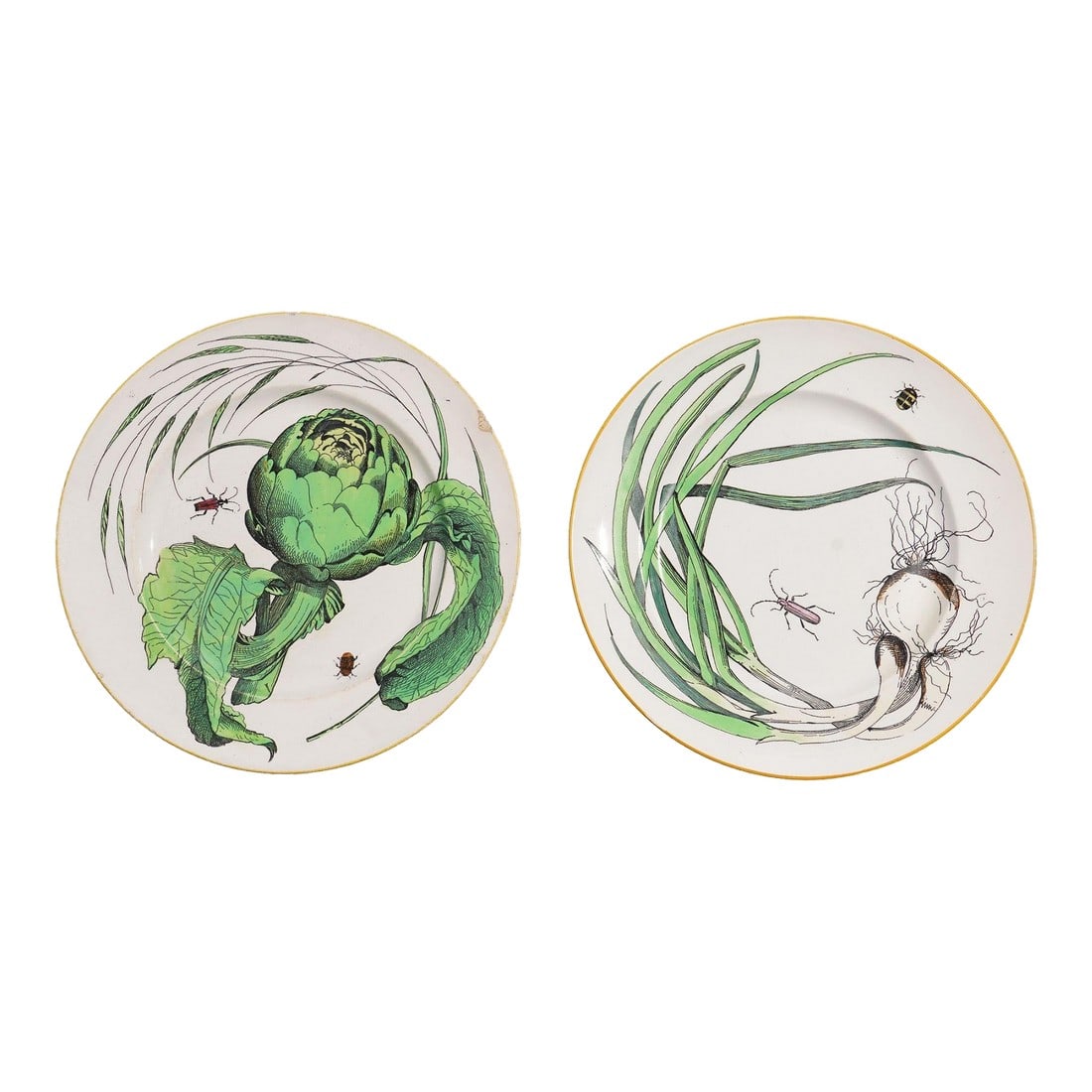 Pair of French Glazed Faience Plates With Scallions and Artichokes, C. 1850's: Pair of French glazed faience plates decorated with a hand painted vegetable transfer of scallions, artichokes, and insects. France, mid 1800's. Condition: Alterations: Original Condition Unaltered
