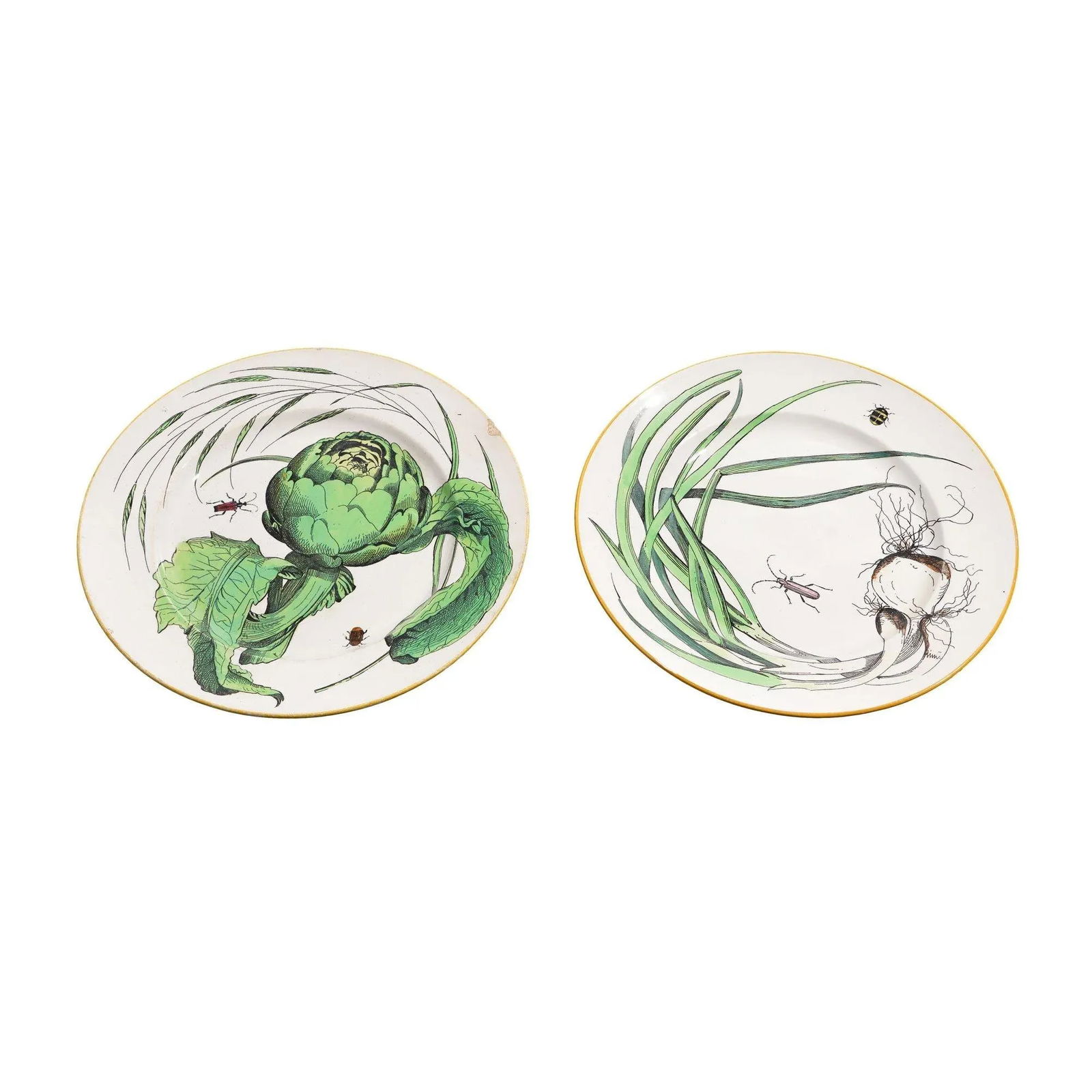 Pair of French Glazed Faience Plates With Scallions and Artichokes, C. 1850's - 2
