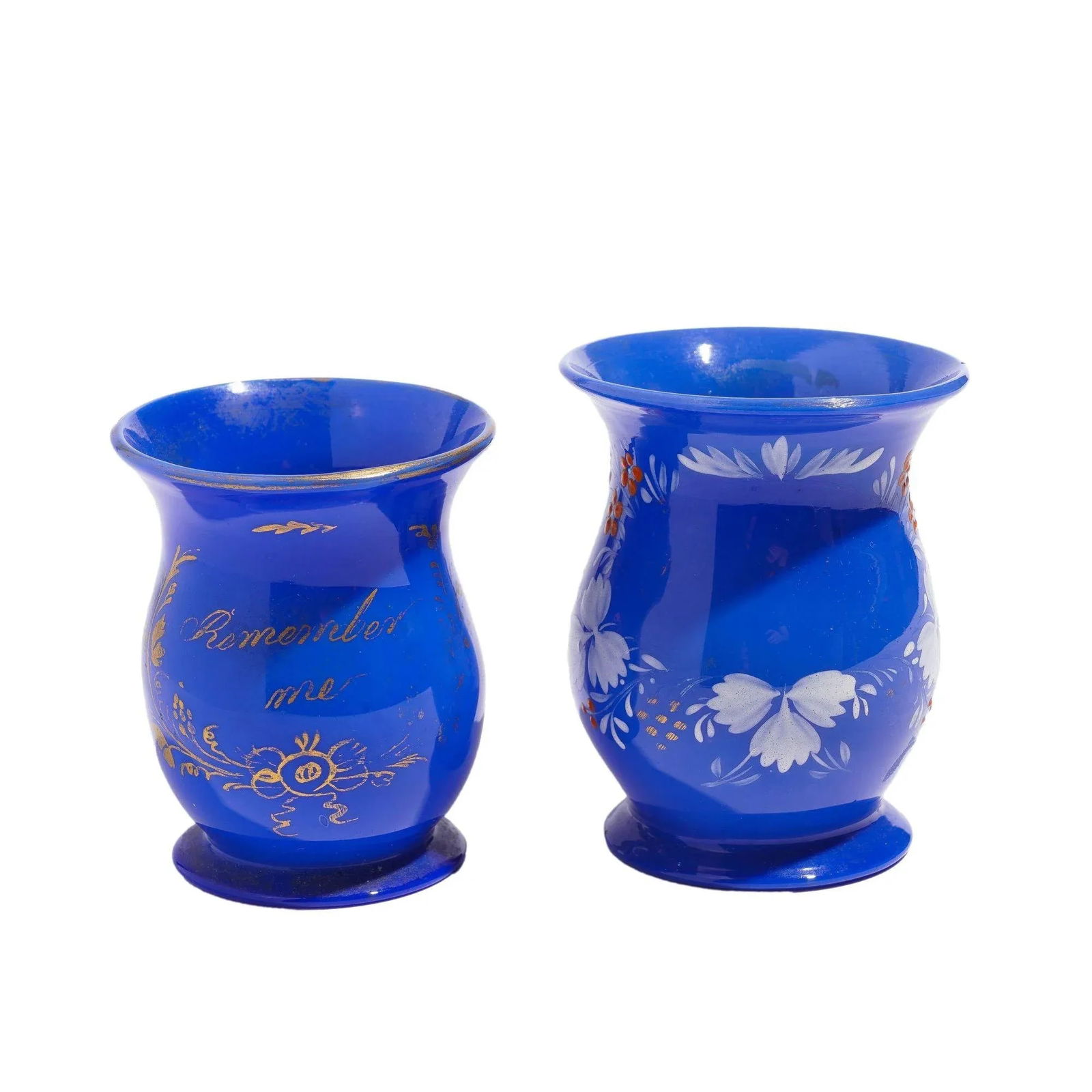 Pair of English Miniature Blue Opaline Blown Glass Mugs, C. 1830 - 2