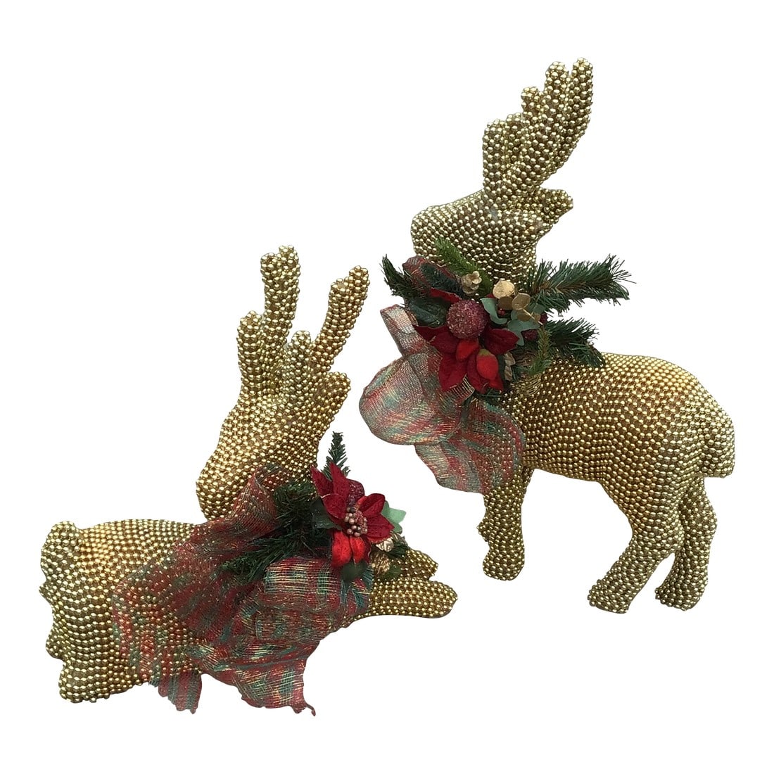 Reindeer Vintage 1990s Large Deer With Gold Bead Embellishment - a Pair: Pair of Paper Mache deer encrusted in gold beads. Great Christmas decoration for your mantle or dining room table centerpiece. Vintage reindeer has a Christmas themed ribbon and decor on the neck but