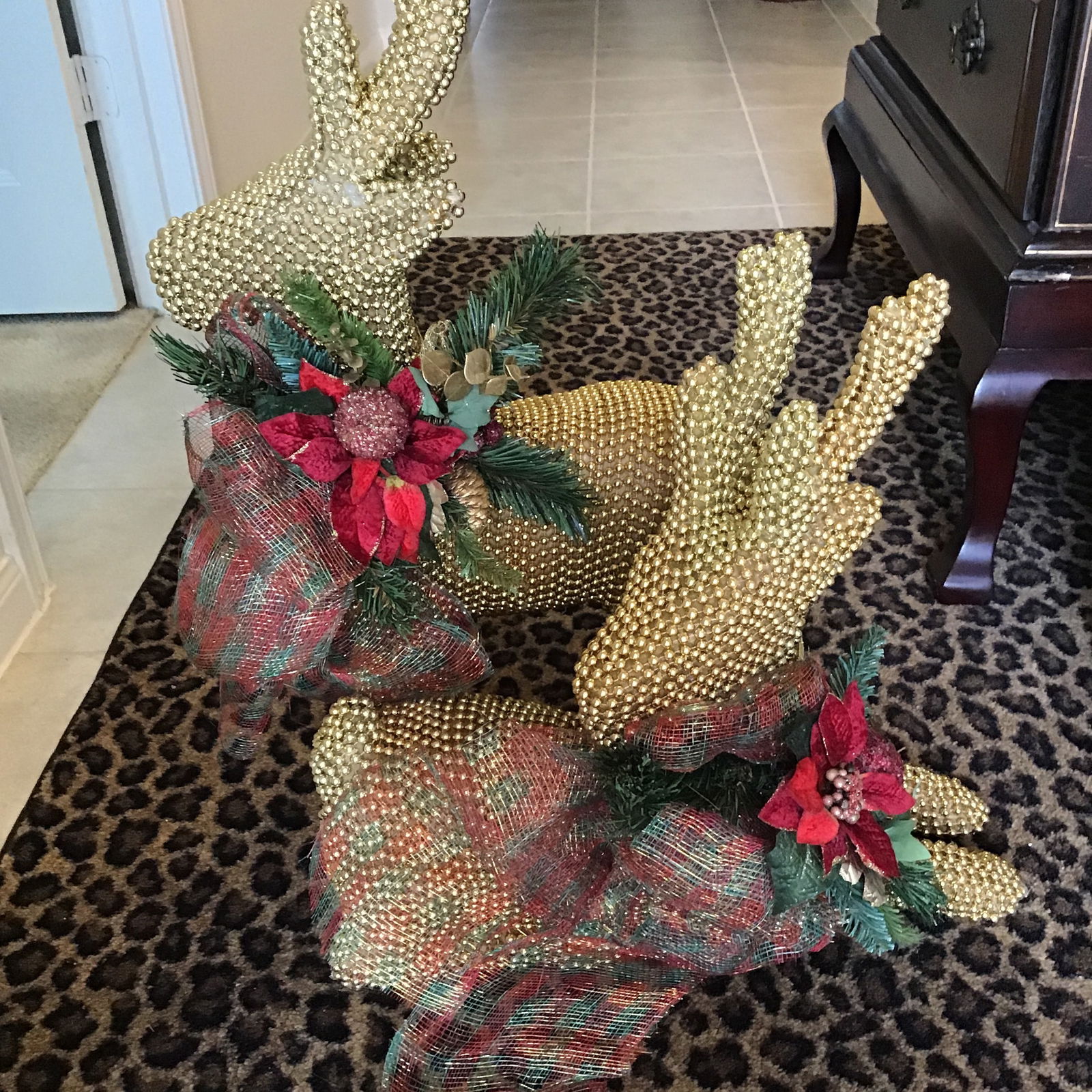 Reindeer Vintage 1990s Large Deer With Gold Bead Embellishment - a Pair - 3