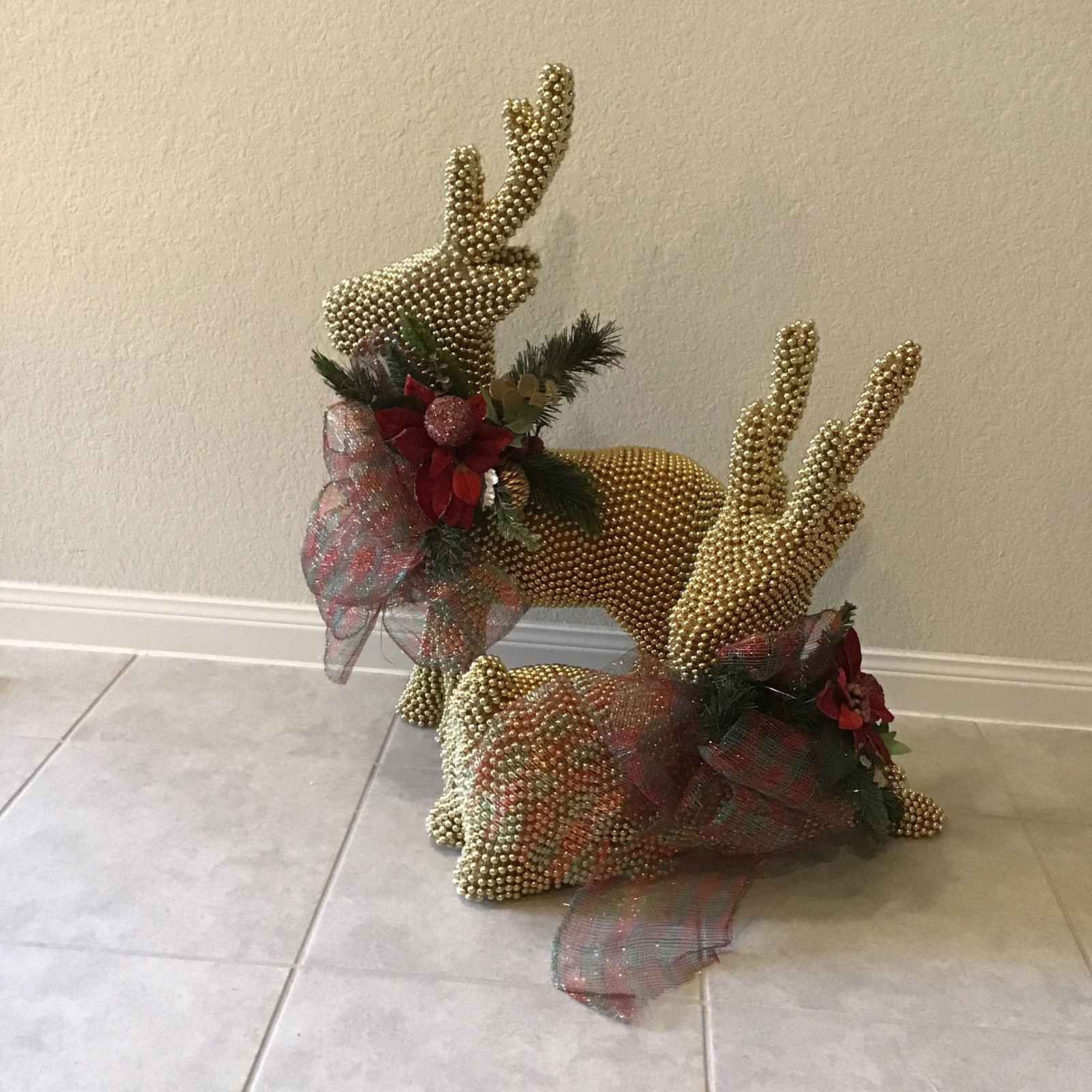 Reindeer Vintage 1990s Large Deer With Gold Bead Embellishment - a Pair - 4