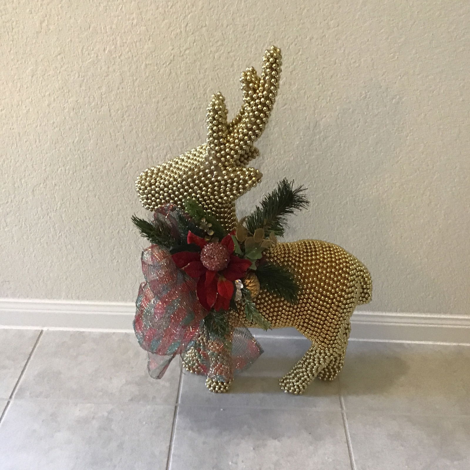 Reindeer Vintage 1990s Large Deer With Gold Bead Embellishment - a Pair - 5