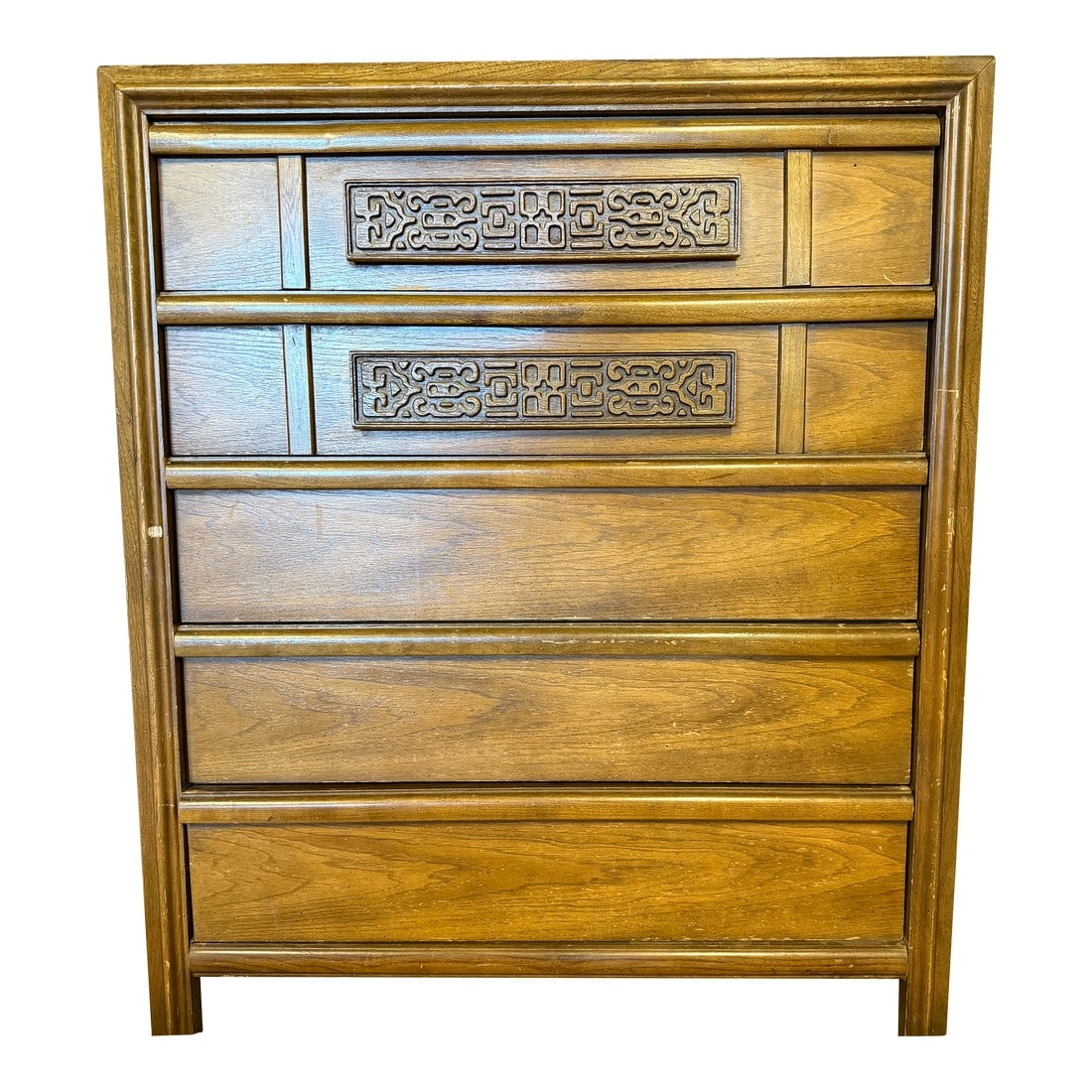 Mid-Century Bassett Furniture Walnut Brutalist Highboy Dresser: Scuptural with a flair for design, this classic 5-drawer vintage solid walnut highboy mid-century dresser in excellent shape. Classic Bassett Furniture quality crafted in the USA featuring dovetailed