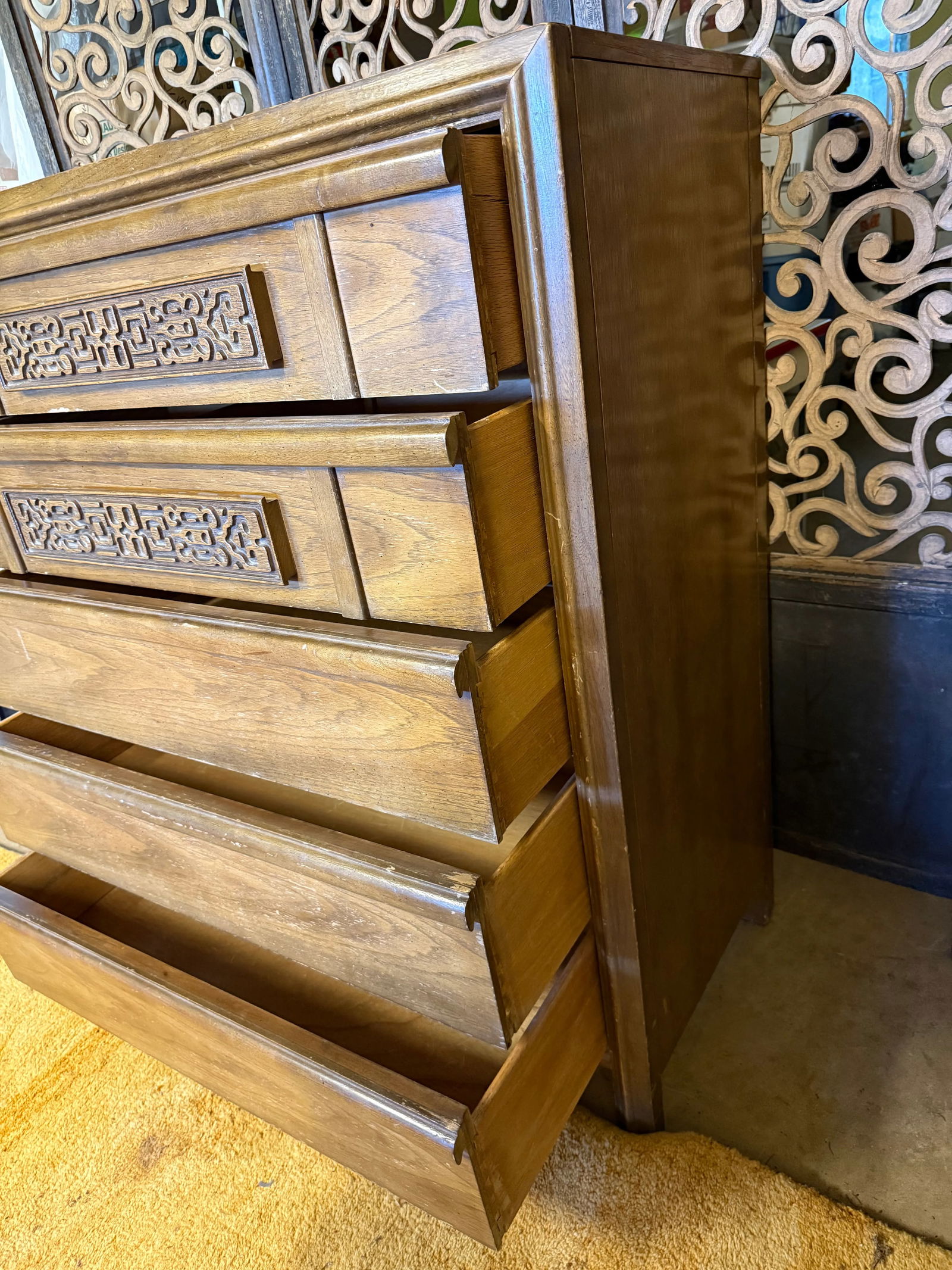 Mid-Century Bassett Furniture Walnut Brutalist Highboy Dresser - 3