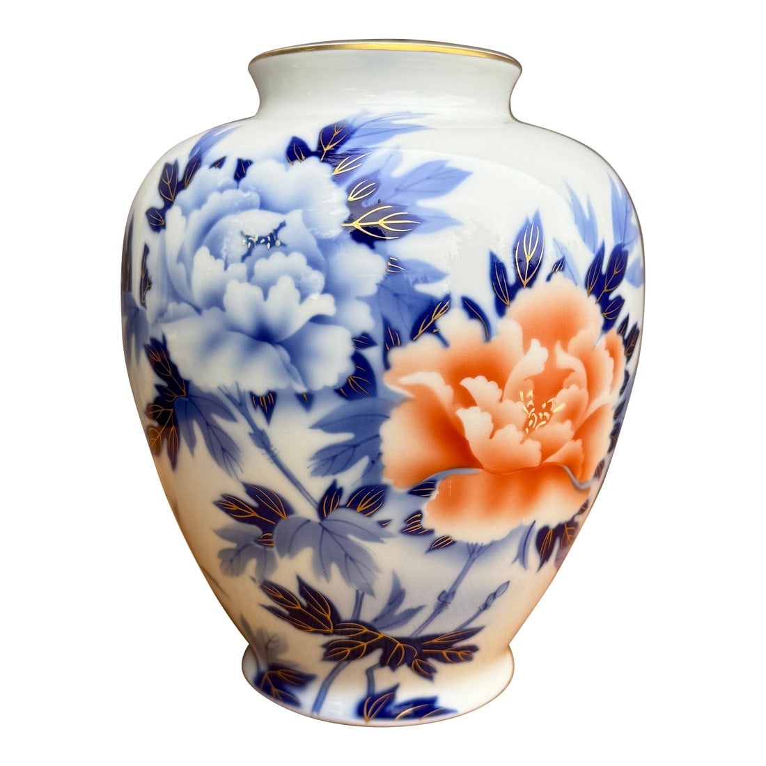 1940s Fukagawa Peony Japanese Vase: Stunning rendering of peach and blue/white tree peony blossoms! The blossoms fade to a soft white frilled edges. The yellow stamen enamels are tactile. The leaves are veined in gold and the blue hues