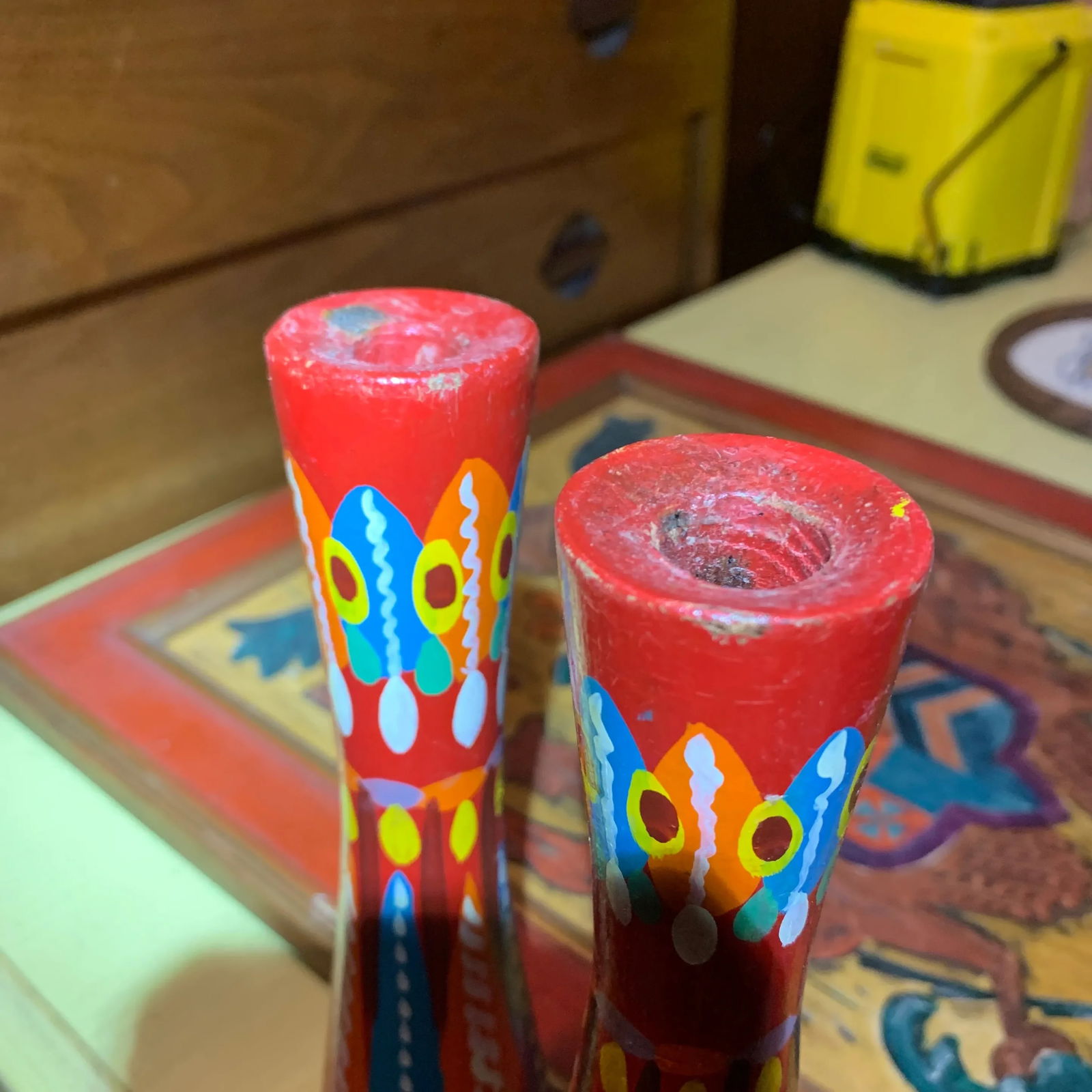 20th Century Folk Art Red and Multicolored Design Wooden Candlestick Holders- a Pair - 10