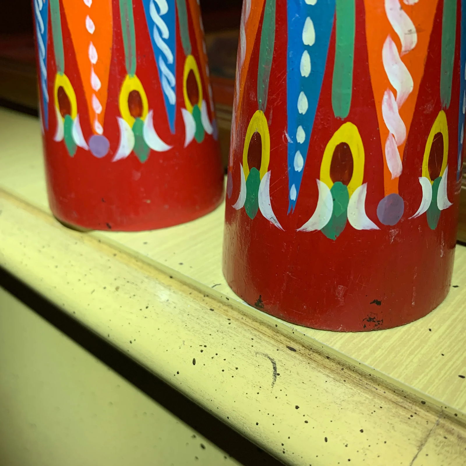 20th Century Folk Art Red and Multicolored Design Wooden Candlestick Holders- a Pair - 11