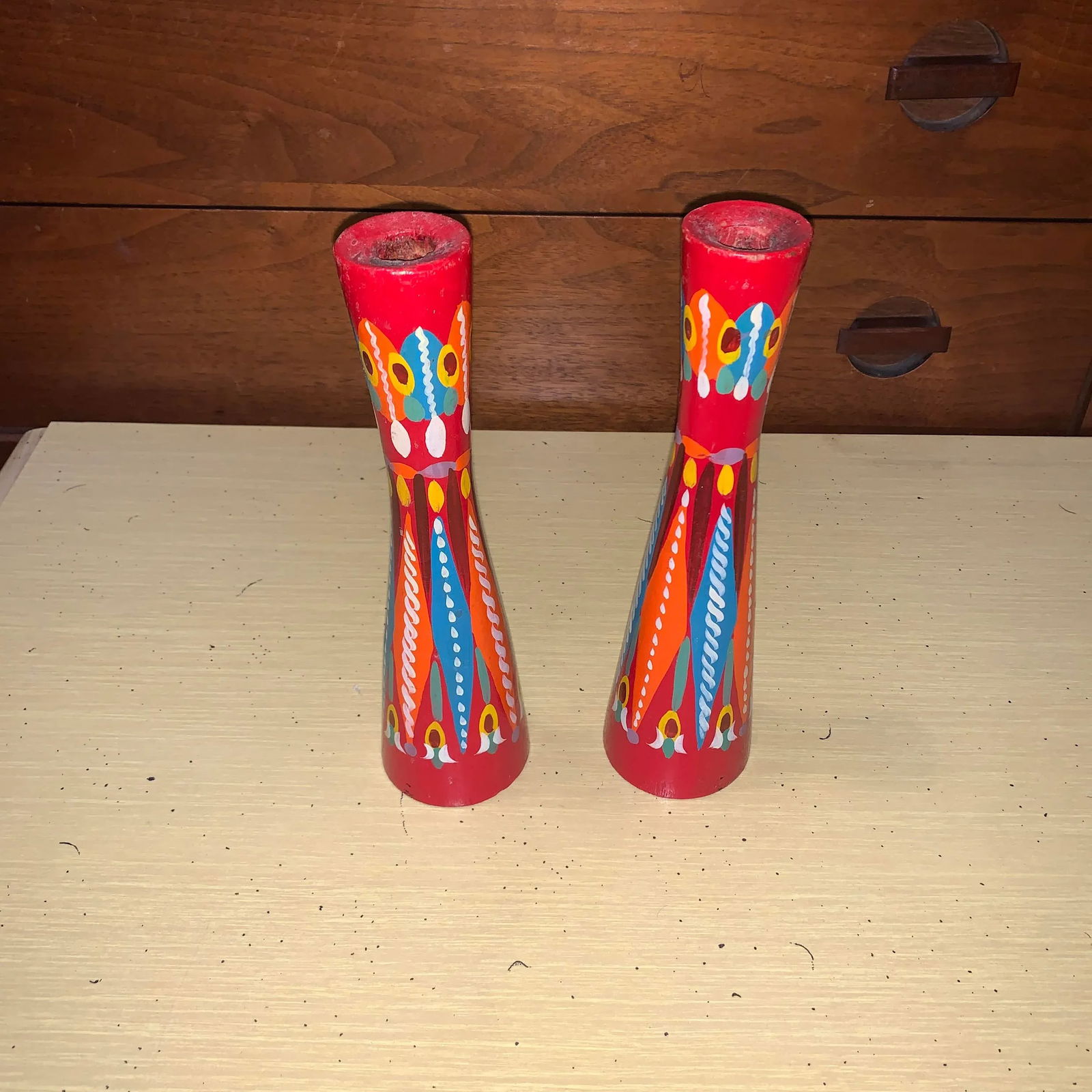 20th Century Folk Art Red and Multicolored Design Wooden Candlestick Holders- a Pair - 12