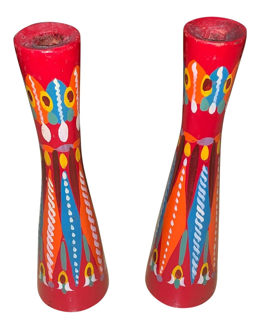 20th Century Folk Art Red and Multicolored Design Wooden Candlestick Holders- a Pair: A pair of multicolored candlesticks with blue, green, orange, white, yellow, purple and red. Possibly Mexican. Condition: Alterations: Original Condition Unaltered Imperfections: Some Imperfections