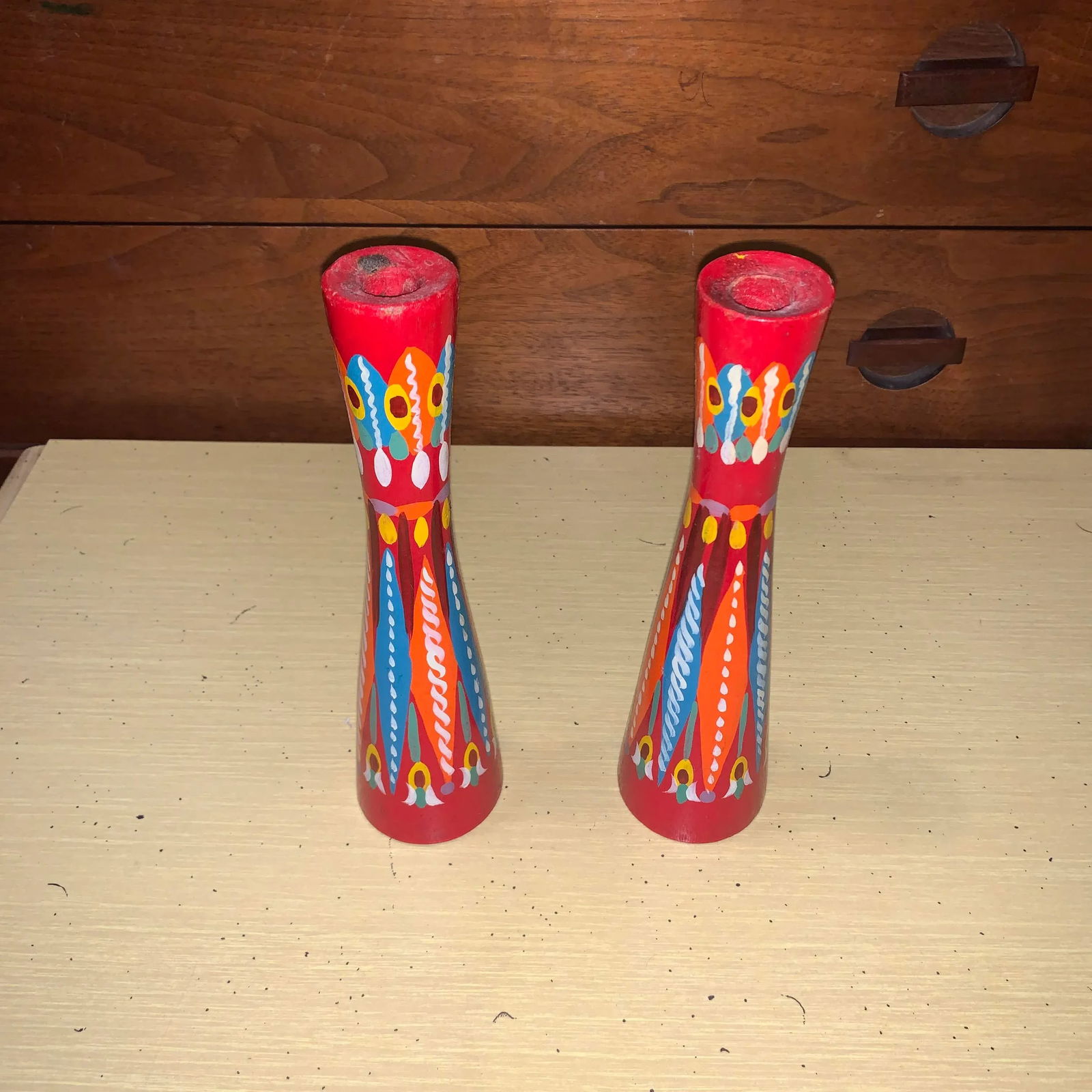 20th Century Folk Art Red and Multicolored Design Wooden Candlestick Holders- a Pair - 2