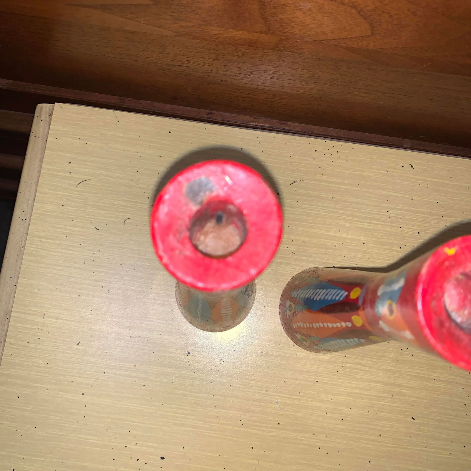 20th Century Folk Art Red and Multicolored Design Wooden Candlestick Holders- a Pair - 3