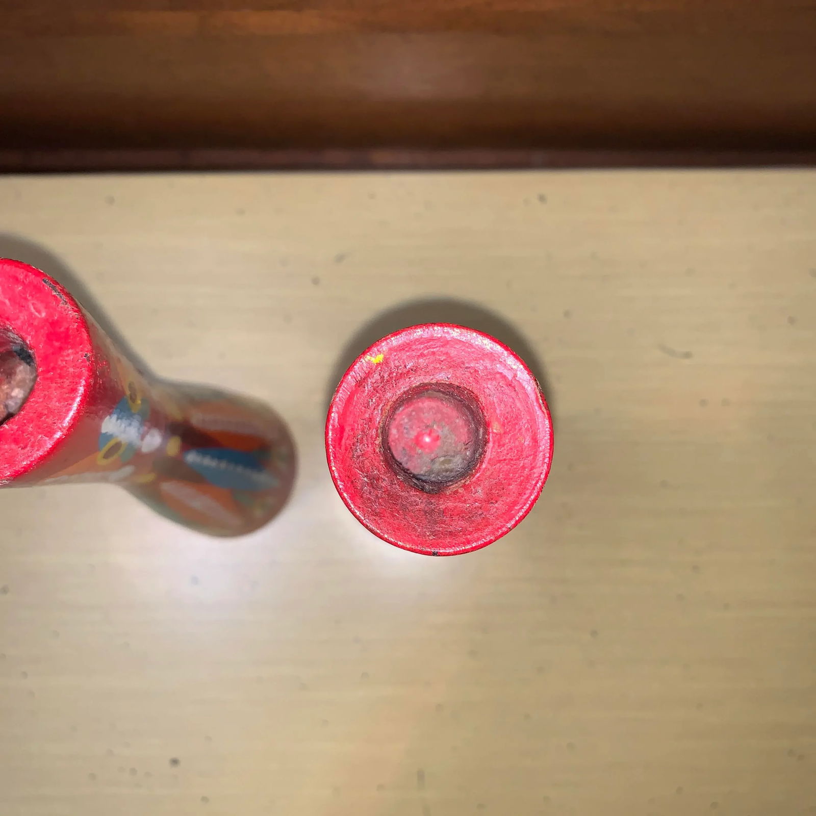 20th Century Folk Art Red and Multicolored Design Wooden Candlestick Holders- a Pair - 4