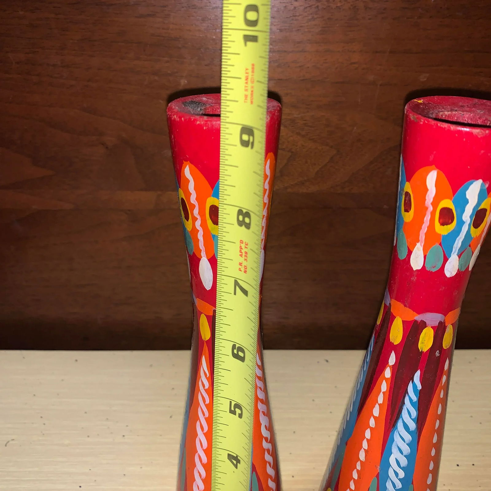 20th Century Folk Art Red and Multicolored Design Wooden Candlestick Holders- a Pair - 7