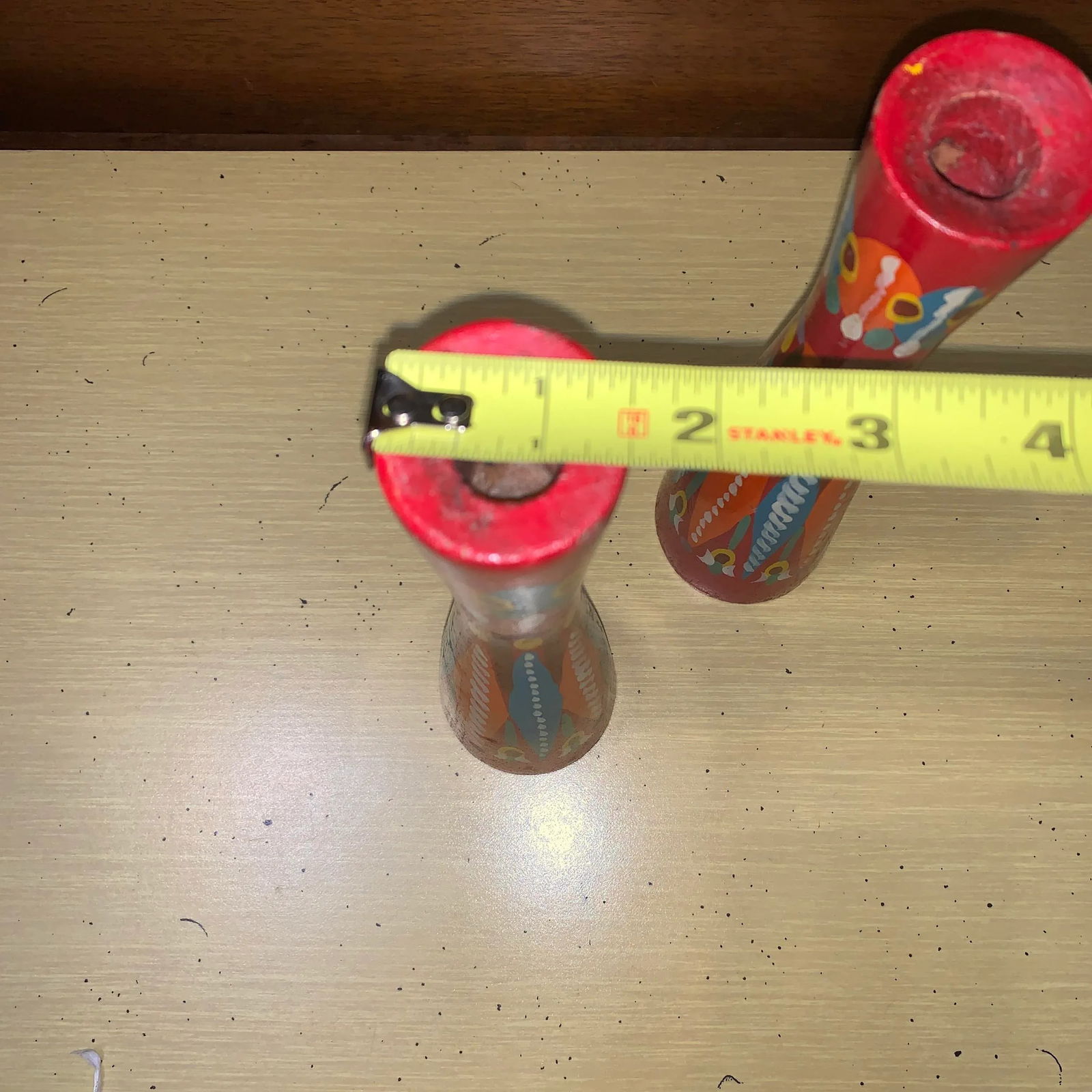 20th Century Folk Art Red and Multicolored Design Wooden Candlestick Holders- a Pair - 8