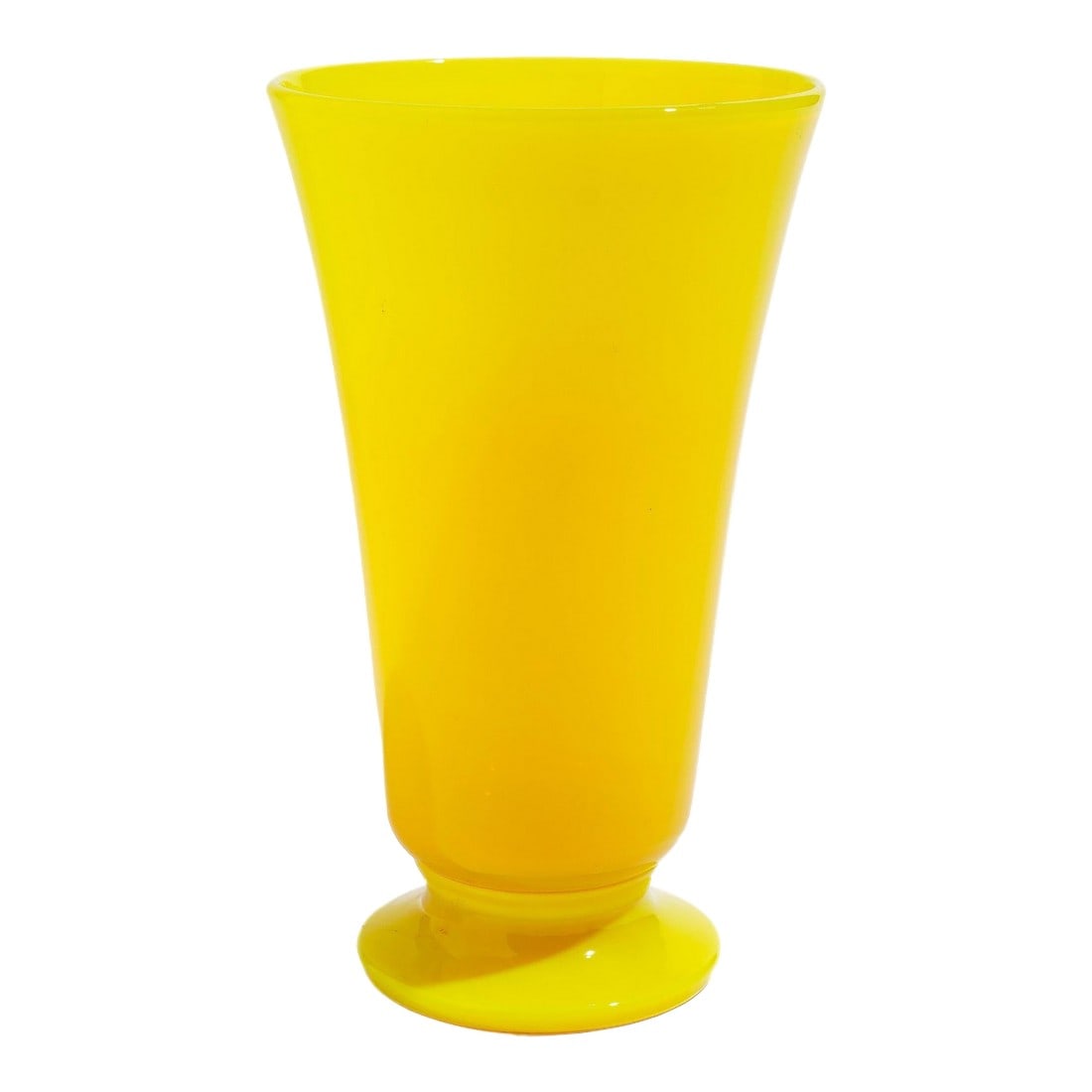 Vintage Cadmium Yellow Opaline Blown Glass Footed Vase: Vintage flared vase in cadmium yellow opaline which rests on a circular foot. American, 20th century. Condition: Alterations: Original Condition Unaltered Imperfections: Some Imperfections
