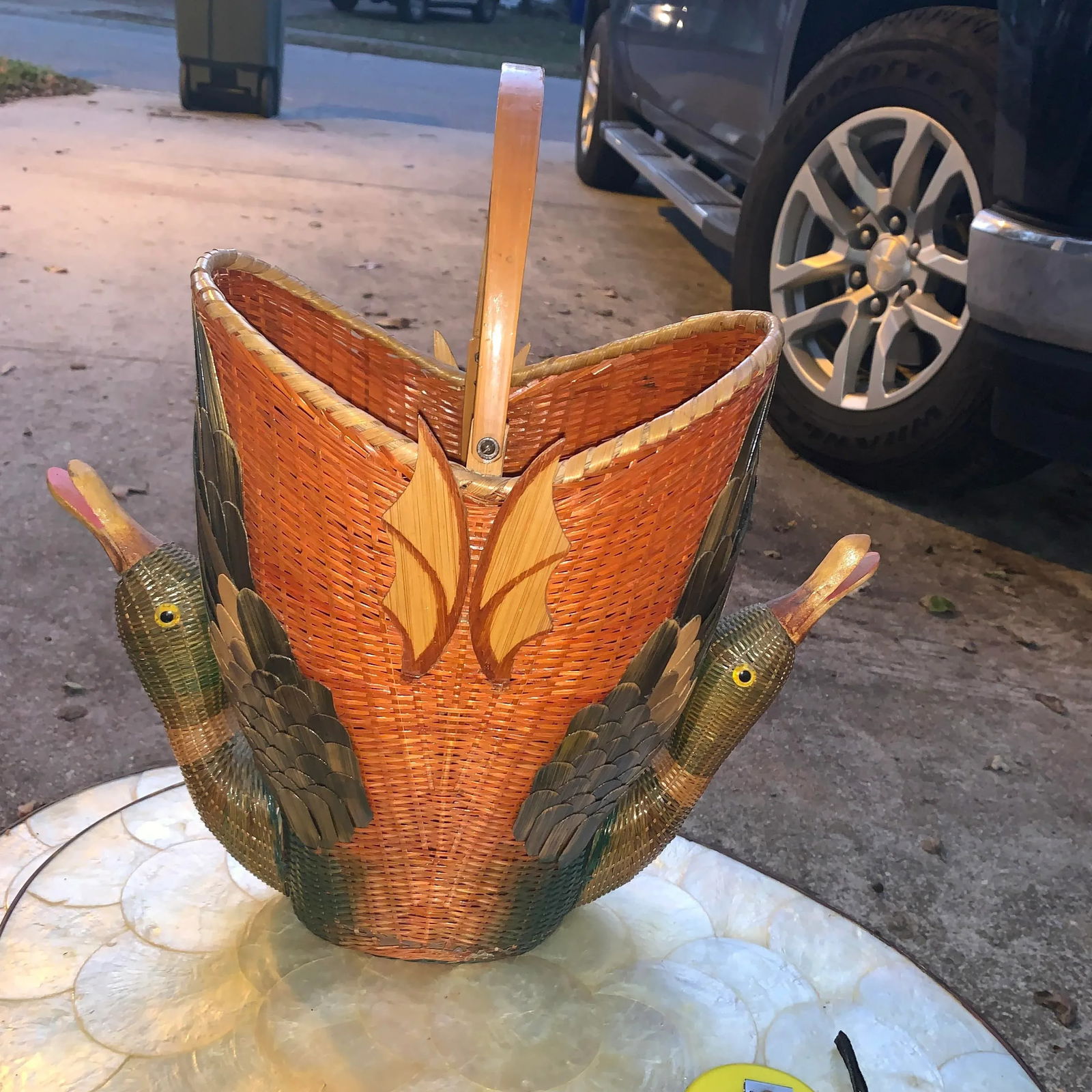 1980s Earth-Tone Double Headed Geese Basket With Handle - 13