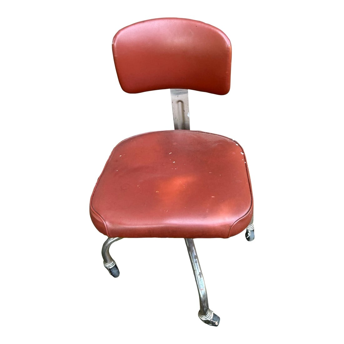 Vintage Steelcase Rolling Burnt Orange Swivel Reclining Desk Chair: A vintage mid-century classic burnt orange metal rolling Steelcase office chair that rolls and reclines like a charm! his well-built office chair was made in the mid 1950's by the Steelcase company of