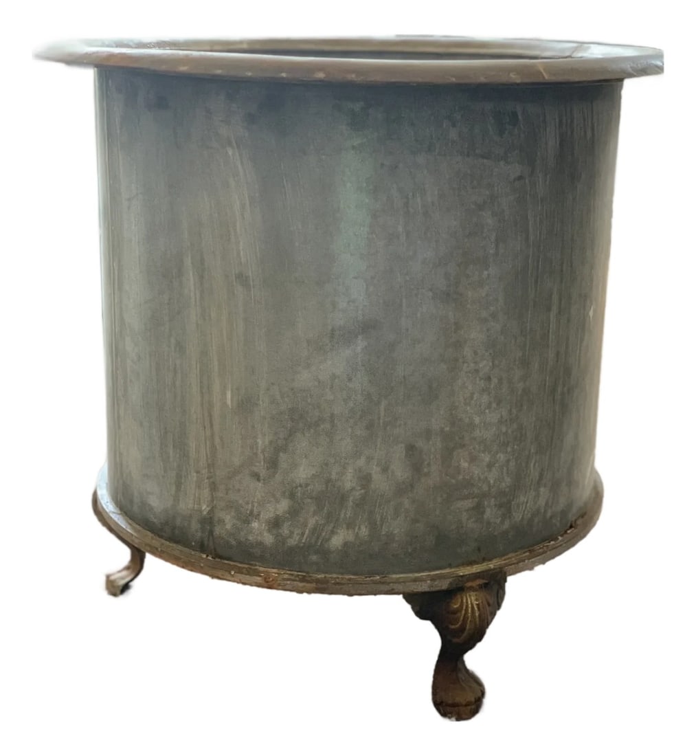 Large Aged Rustic Metal Planter: Large Rustic Aged Metal Planter Enhance spaces with these vintage-inspired aged metal planters. Perfect for porches, gardens, or indoor decor. Features a rusty patina with dents and scratches.