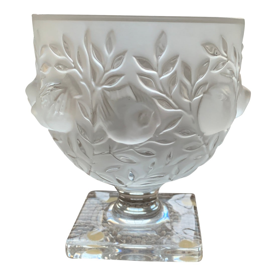 Lalique Dampierre Crystal Vase: Lalique Dampierre crystal vase, signed on bottom. Designed in 1948 by Marc Lalique, this vase is decorated with carved birds in satin crystal. Through this vase, Lalique pays tribute to two themes
