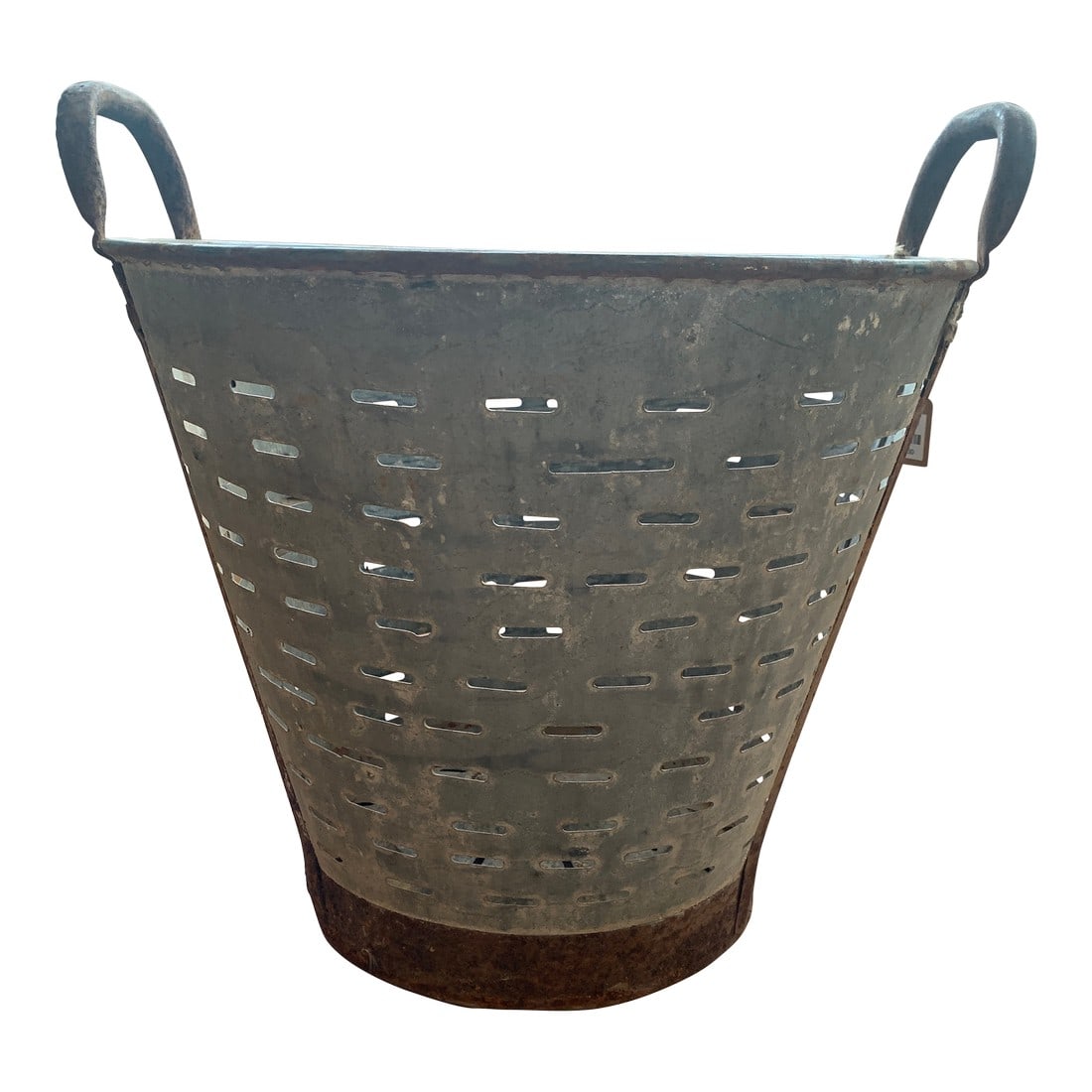 Late 20th Century Vintage Olive Harvest Basket: These vintage zinc olive harvest baskets were used by skilled olive and grape pickers in fields and vineyards across Europe. The mesh olive baskets were used for picking and rinsing many black, green