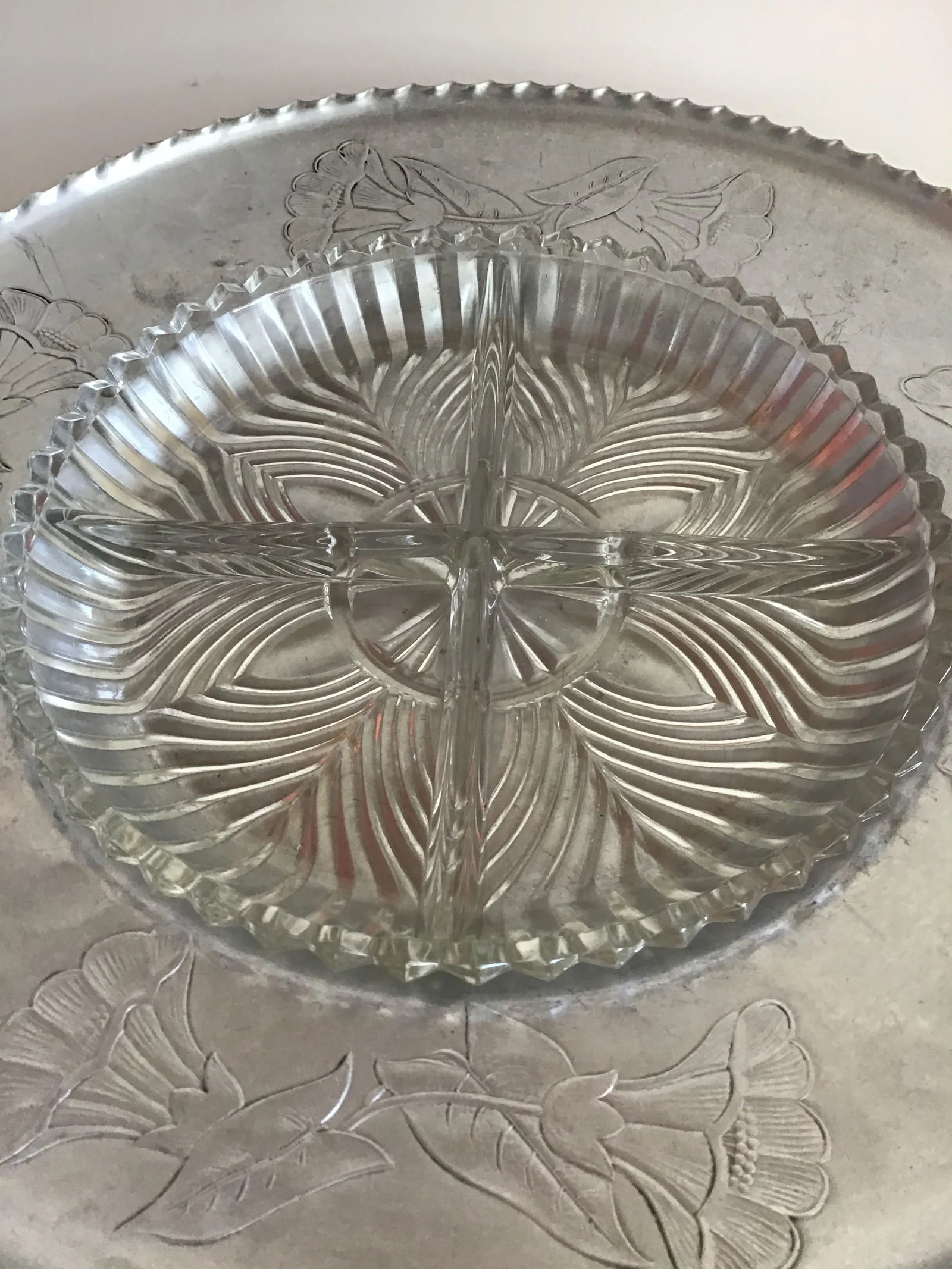 Farberware Glass Relish Dish Aluminum Tray Mid-Century Farberware Wrought Aluminum Tray With Glass R - 2
