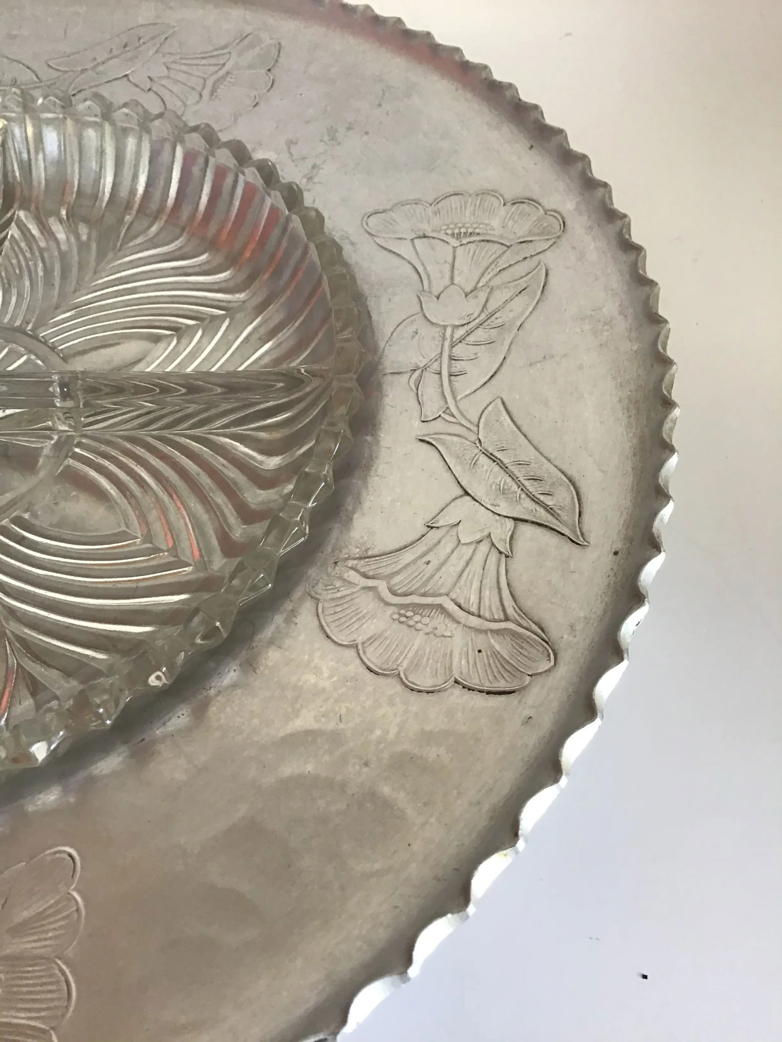 Farberware Glass Relish Dish Aluminum Tray Mid-Century Farberware Wrought Aluminum Tray With Glass R - 3