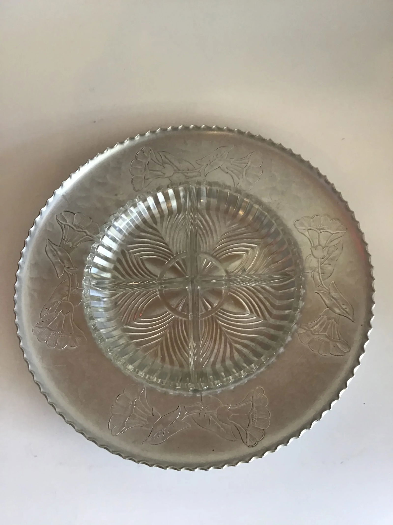 Farberware Glass Relish Dish Aluminum Tray Mid-Century Farberware Wrought Aluminum Tray With Glass R - 9