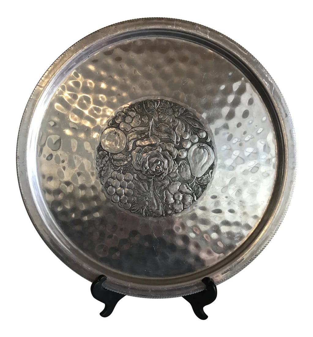 Hammered Aluminum Tray Fruit Motif Vintage MCM Mid-Century Modern Hammered Aluminum Tray: Vintage Mid-Century Modern Hammered Aluminum Tray Oversized round tray with embossed fruit pattern. Great to use as a serving platter, cocktail tray or use as a tray on your ottoman. Measures 14.5" St