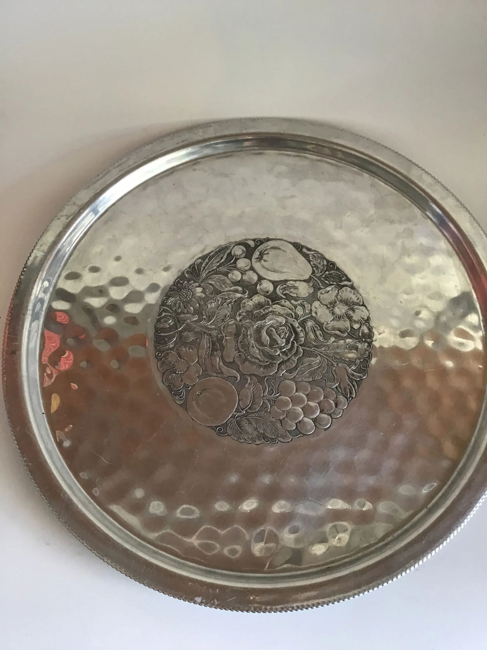 Hammered Aluminum Tray Fruit Motif Vintage MCM Mid-Century Modern Hammered Aluminum Tray - 2