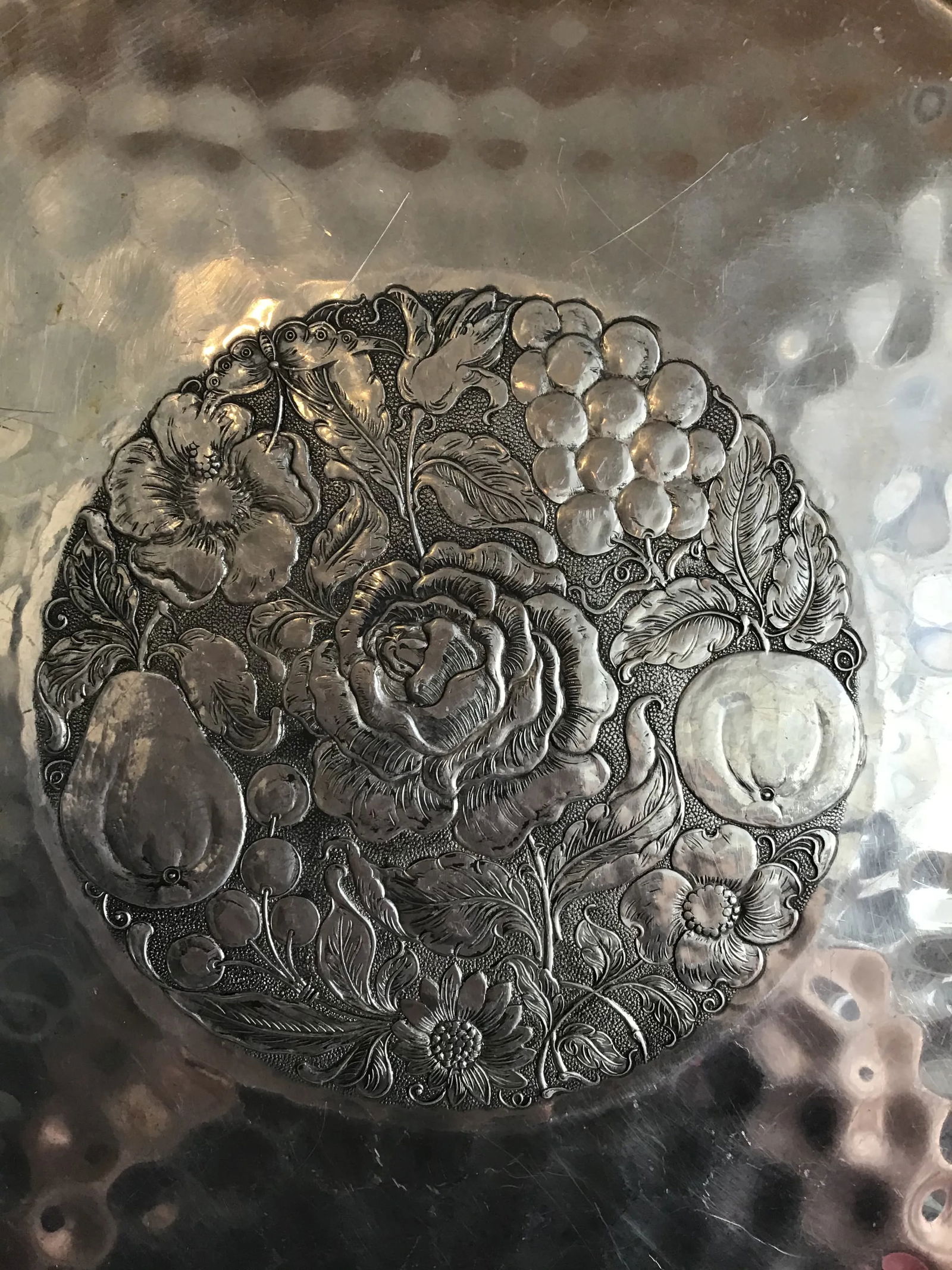 Hammered Aluminum Tray Fruit Motif Vintage MCM Mid-Century Modern Hammered Aluminum Tray - 4