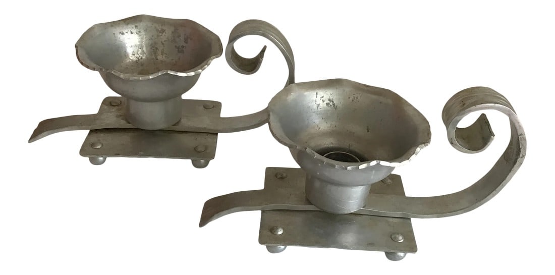 1940's Vintage Candleholders Aluminum Candle Holders 1940s Vintage Buenilum Hand Wrought Aluminum Ca: Vintage Buenilum Pair of Hand Wrought Aluminum Candle Holders Buenilum is a brand name of the Buener-Wanner Company which produced from the 1930's through the 1960's in Norwalk Connecticut. These are