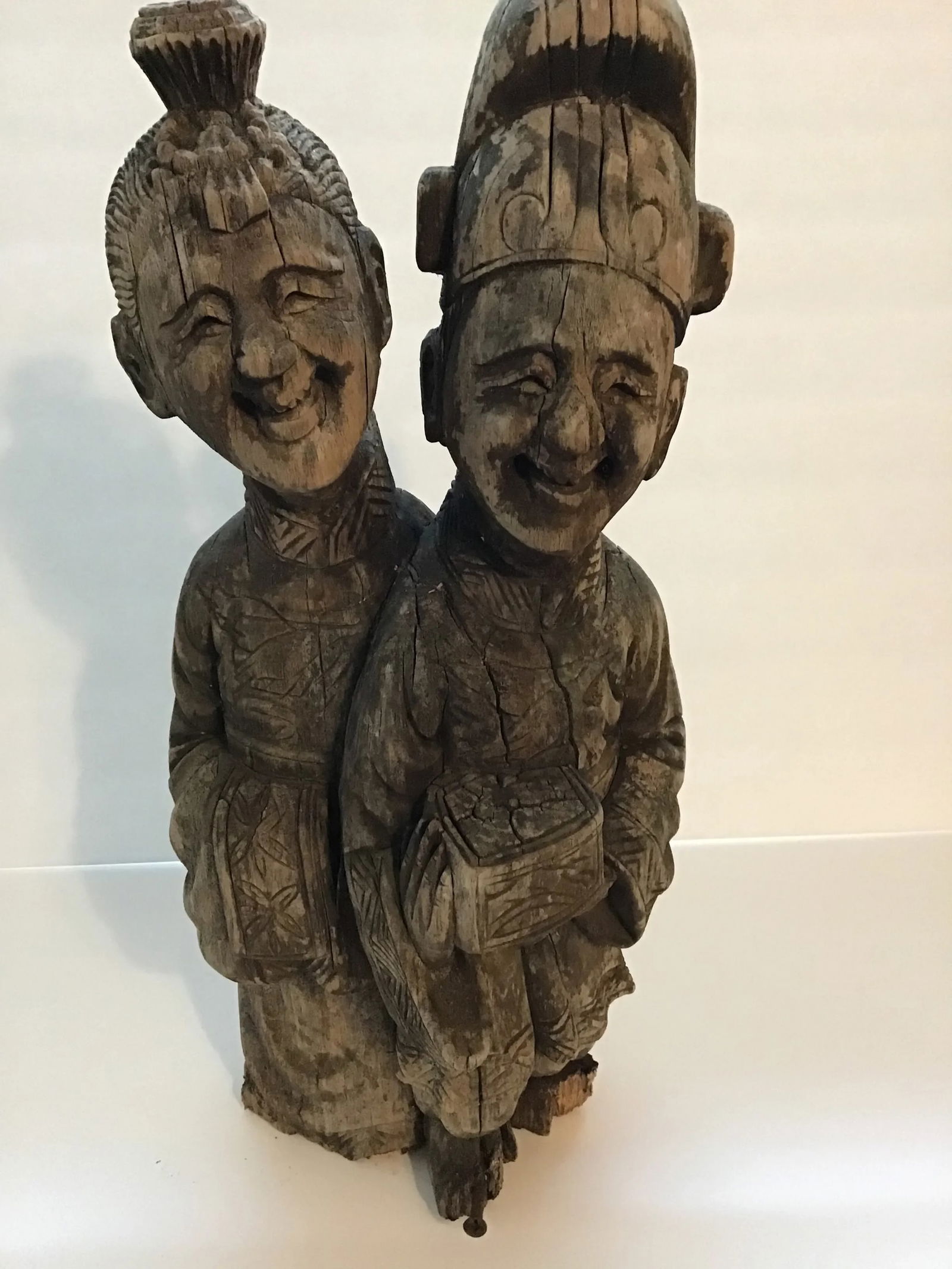 Wood Sculpture Hand Carved Figurines Asian Wood Carved Weathered Figurine Aged Weathered Asian 1950s - 10