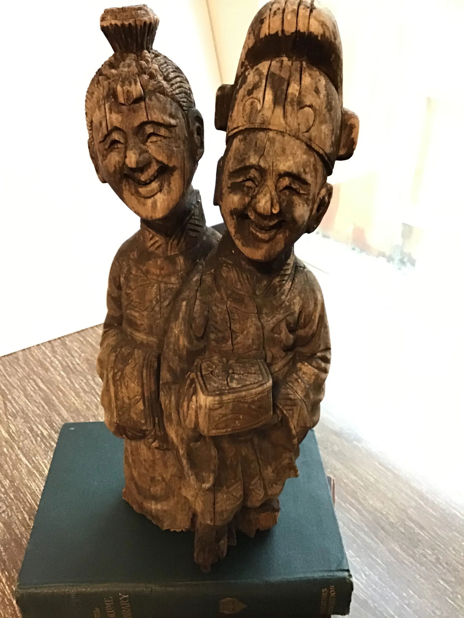 Wood Sculpture Hand Carved Figurines Asian Wood Carved Weathered Figurine Aged Weathered Asian 1950s - 13