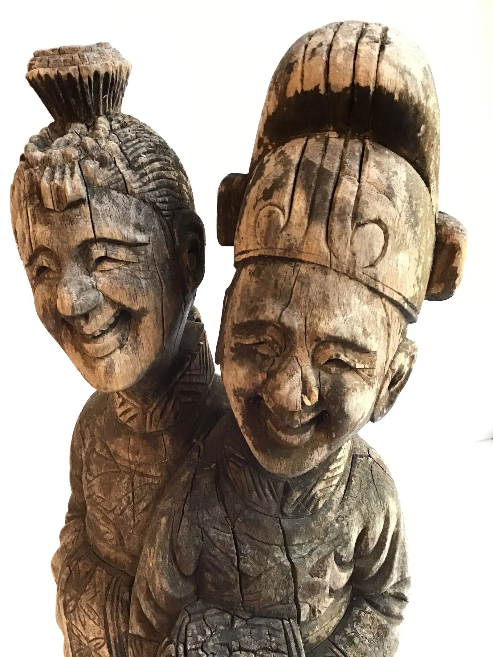 Wood Sculpture Hand Carved Figurines Asian Wood Carved Weathered Figurine Aged Weathered Asian 1950s - 2