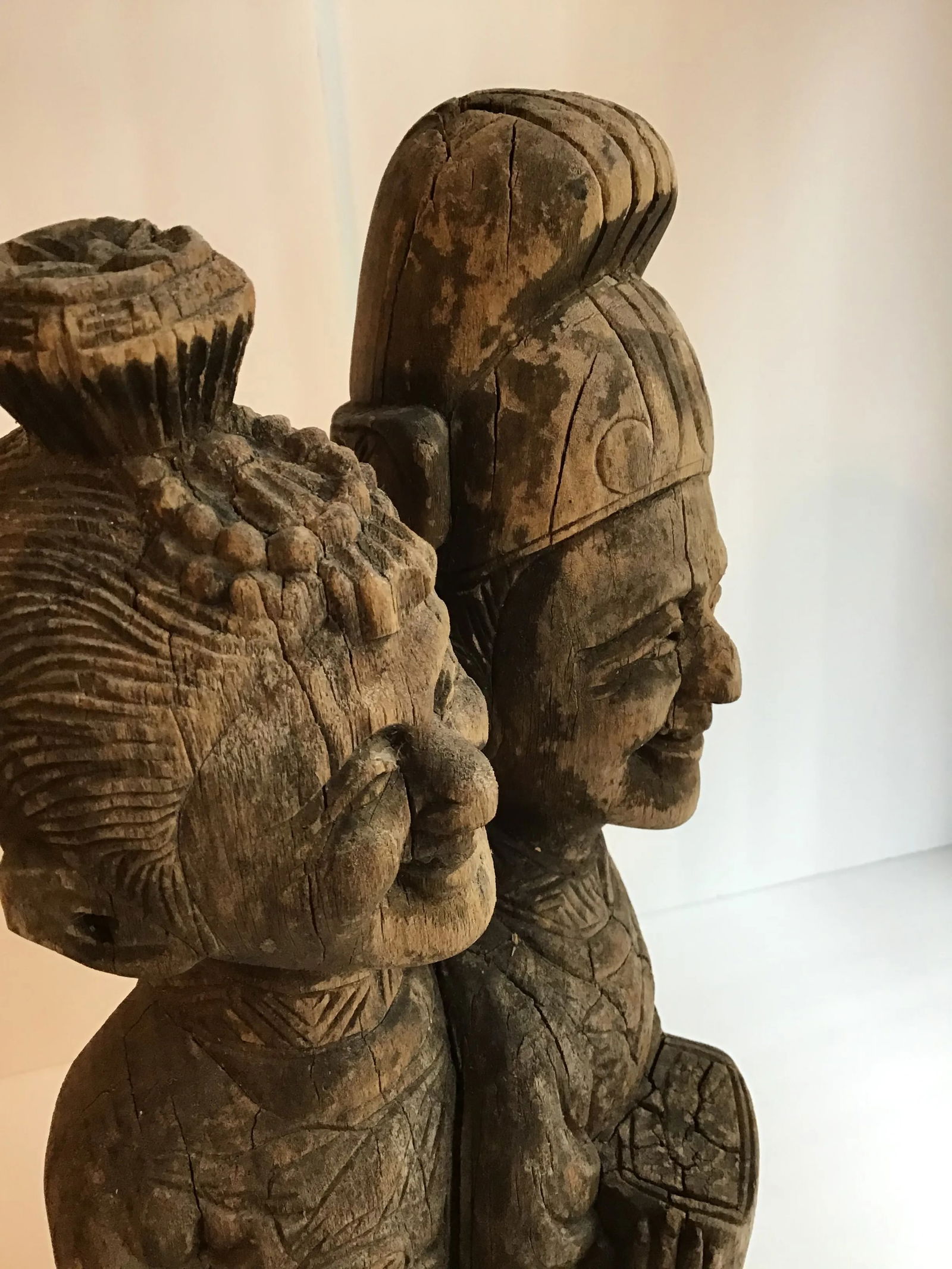 Wood Sculpture Hand Carved Figurines Asian Wood Carved Weathered Figurine Aged Weathered Asian 1950s - 3