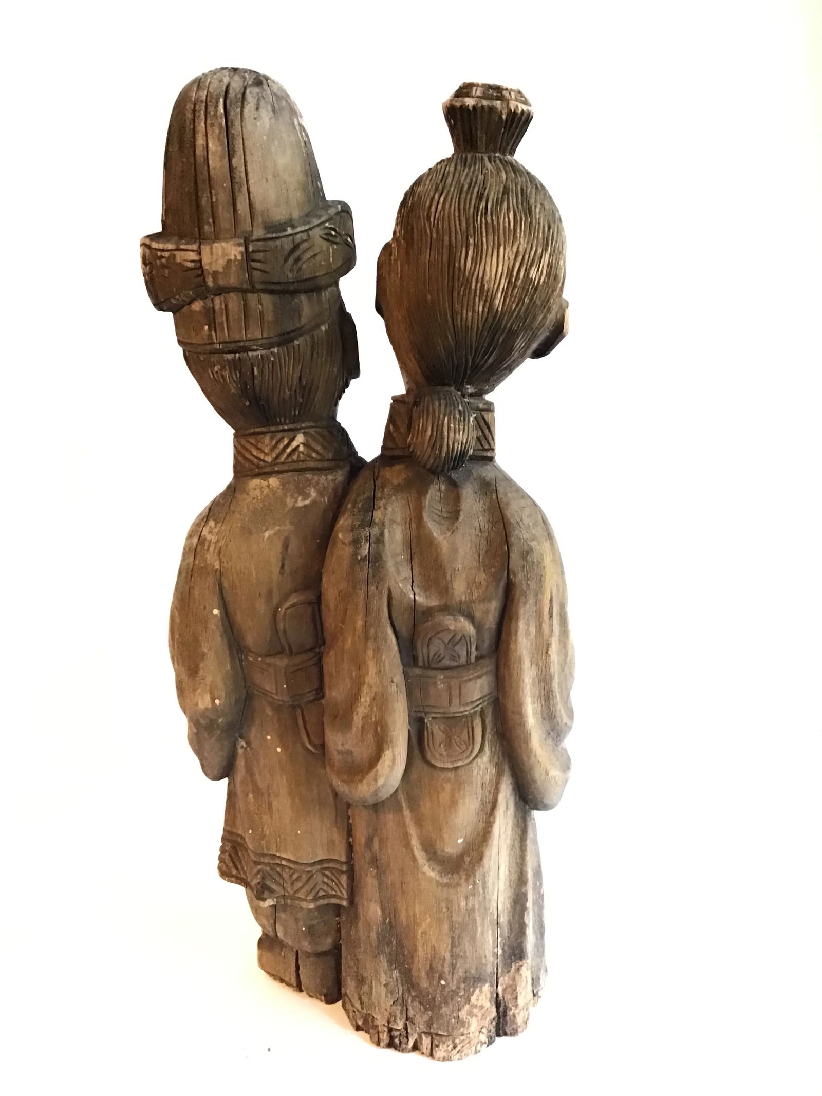 Wood Sculpture Hand Carved Figurines Asian Wood Carved Weathered Figurine Aged Weathered Asian 1950s - 4