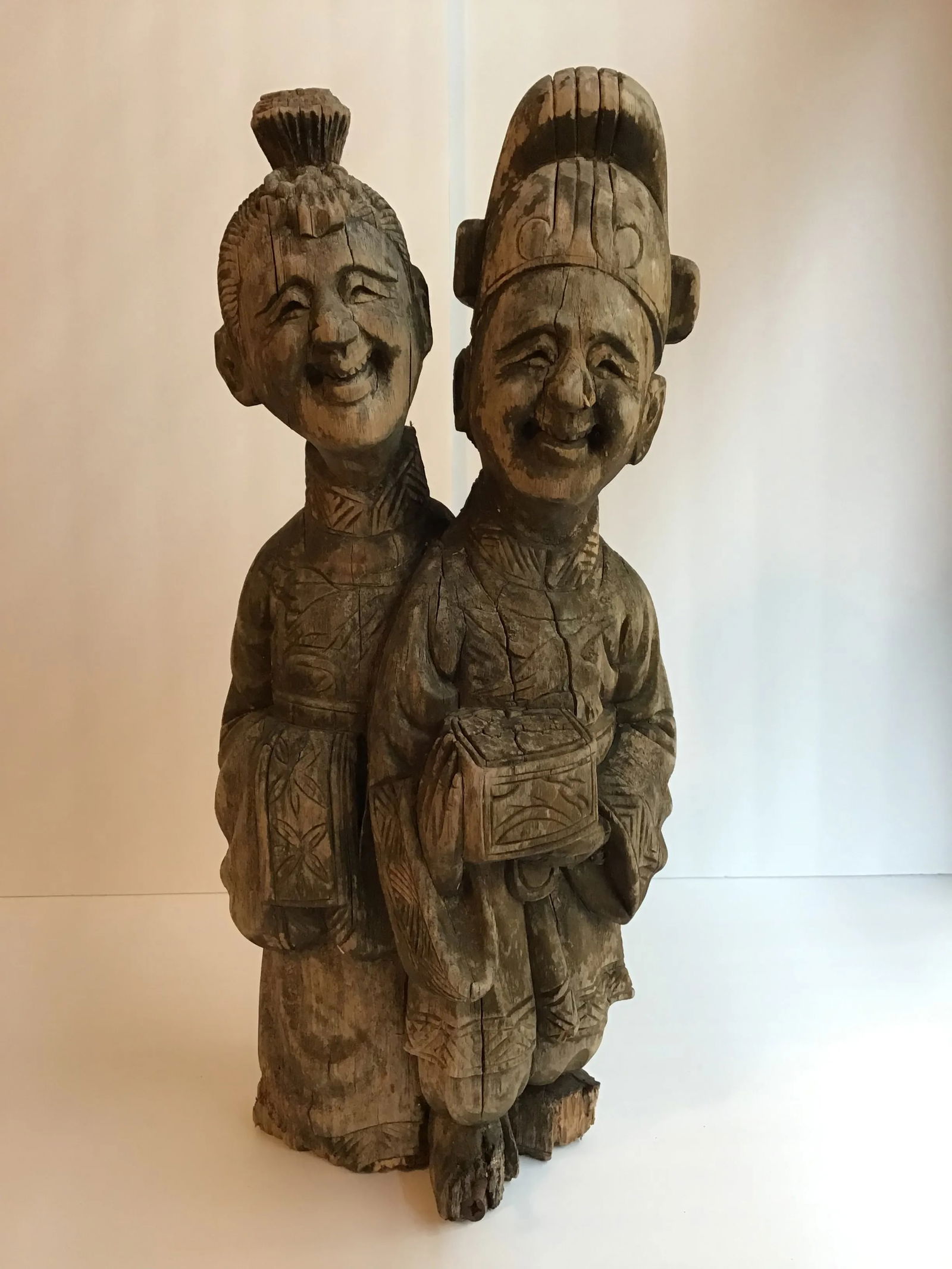 Wood Sculpture Hand Carved Figurines Asian Wood Carved Weathered Figurine Aged Weathered Asian 1950s - 9