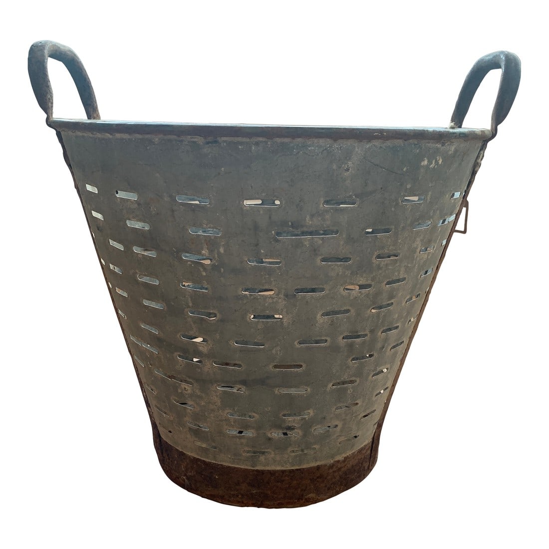 Mid 20th Century Vintage Zinc Olive Harvest Basket: These vintage zinc olive harvest baskets were used by skilled olive and grape pickers in fields and vineyards across Europe. The mesh olive baskets were used for picking and rinsing many black, green