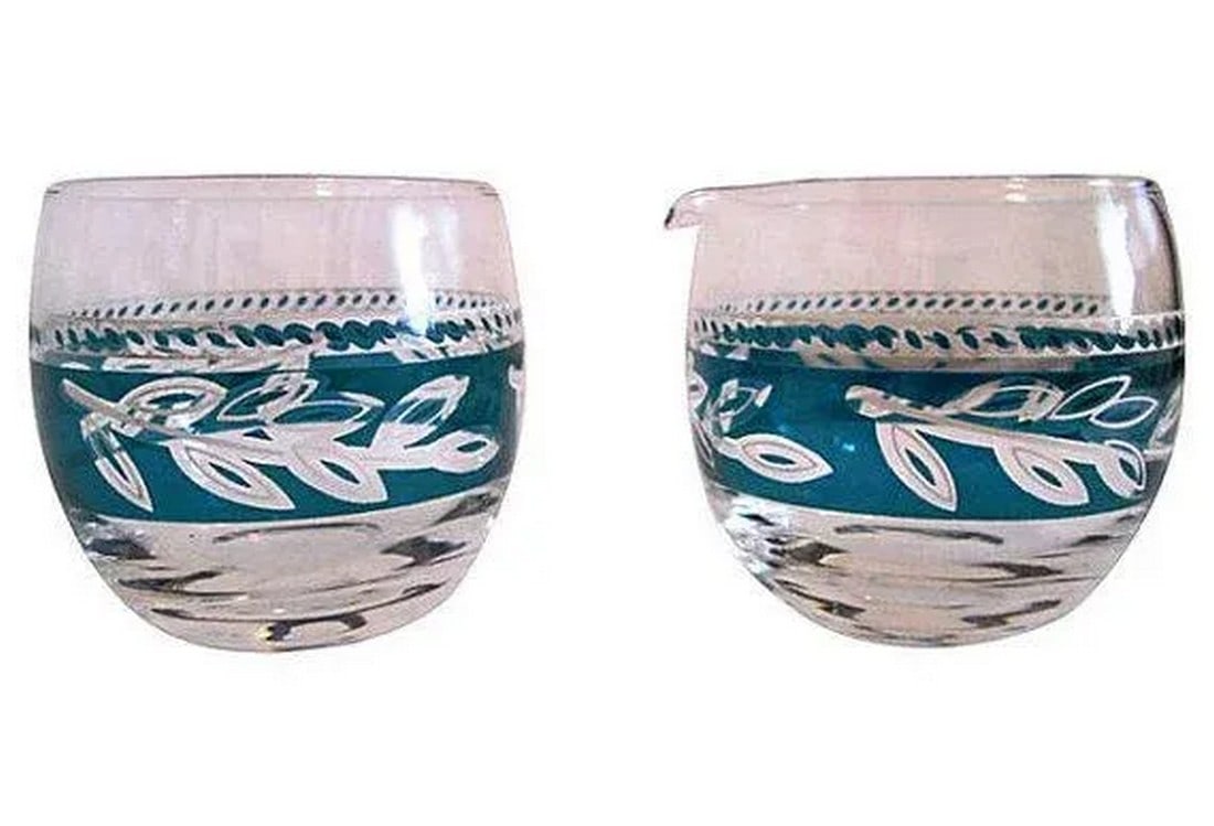 1960s Aqua Flash Creamer & Sugar - a Pair: Mid-century Modern glass creamer and sugar bowl. Clear glass with green flash band surrounding perimeter of bowl in a tree branch design. Excellent condition. Condition: Alterations: Original