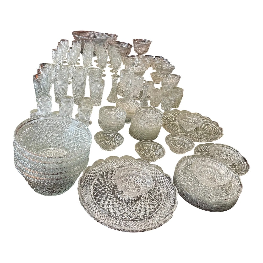 1960s Anchor Hocking Wexford Pattern Glassware Set- 137 Pieces: Anchor Hocking Wexford Pattern Pretty Pressed Glass with unique waffle design and the unique wow part - 137 pieces in amazing shape - punchbowl, platters, claret and wine glasses, bowls and more....