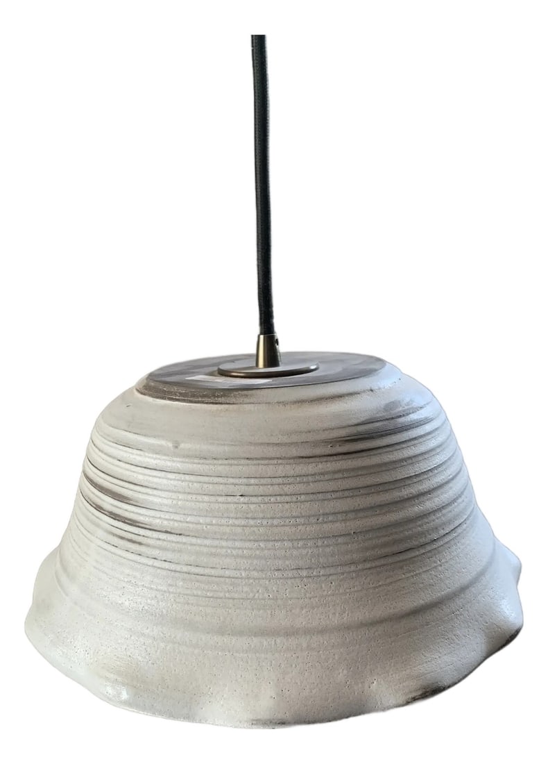 White Stoneware Pottery Pendant Light: Handmade stoneware ceramic pottery ceiling pendant light created by Francis DeFabo for fd pottery. Wheel thrown shade created from chocolate colored clay and glazed with white matte glaze. Finished bl