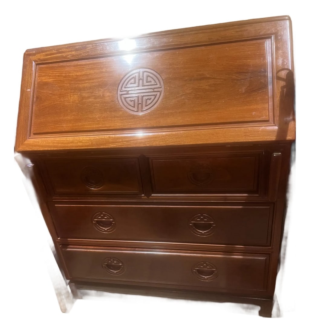Modern Magic 1960s Hand Carved Rosewood Desk Custom Made in Hong Kong in the Style of George Zee: Infuse a touch of rosewood flair into your home office with this handsome longevity secretaire desk. Crafted from solid rosewood using traditional techniques, this desk is finished with hand-applied