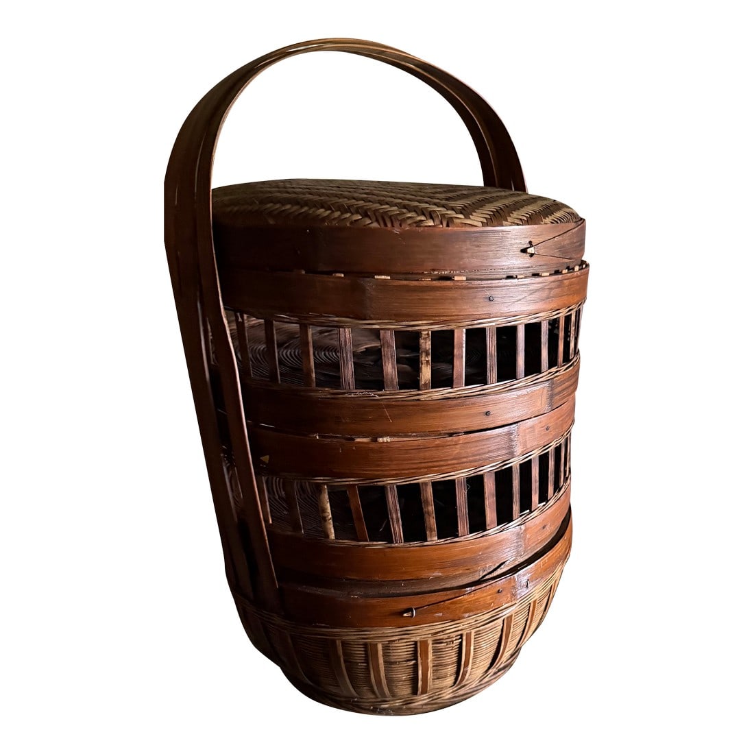 Vintage 3 Tier Chinese Wedding/Sewing Basket: Beautiful 1970's three-tier Chinese Mid Century bamboo wedding/sewing basket.Excellent condition. Width: 11 inches Height: 18 inches Depth: 11 inches Introduce a piece of cultural elegance to your