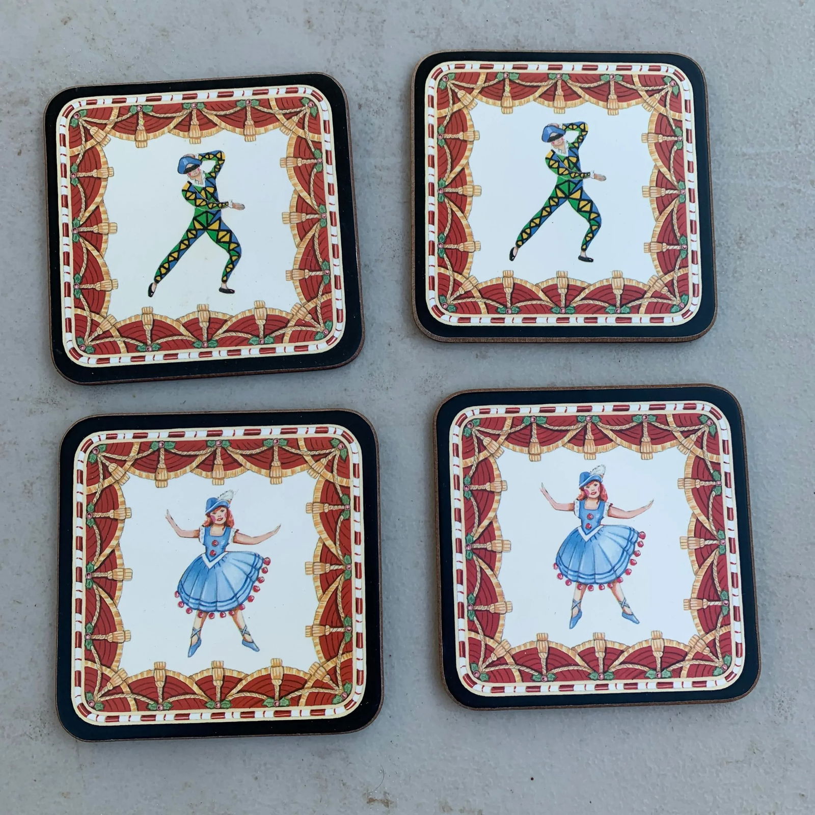 Vintage Pimpernel Cork and Wood Ballerina and Court Jester Coasters- Set of Four - 5