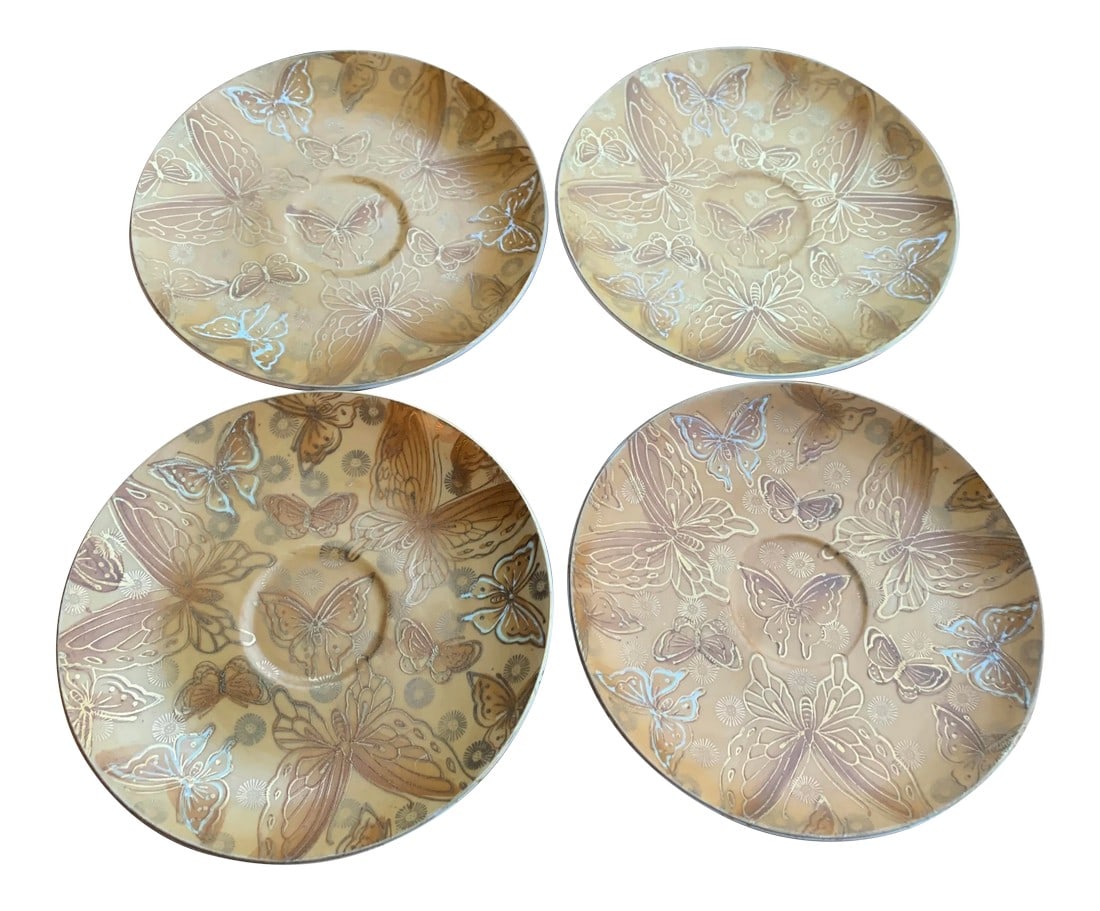 1960s Dorothy Thorpe Butterfly Saucers- Set of 4: Set of four coasters from the 1960s by Dorothy Thorpe. Matte gold and shiny gold designs. Condition: Alterations: Original Condition Unaltered Imperfections: Some Imperfections Condition Notes: No chi