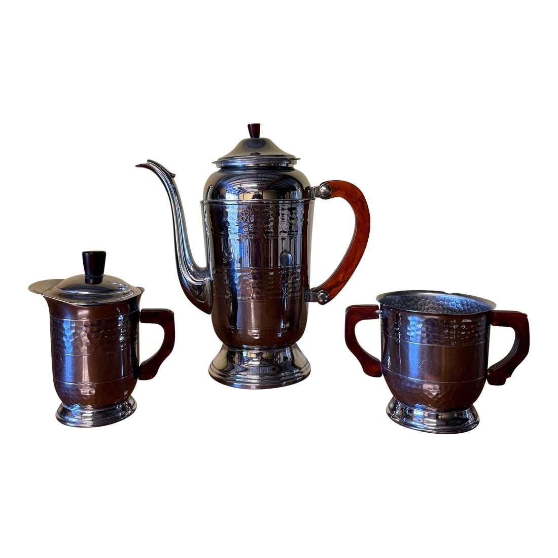 1960s Oneida Stainless Chrome Coffee Pot Including Creamer and Sugar Set With Bakelite Handles- 3 Pi: Charming Oneida chrome plated metal coffee pot, sugar and creamer set with lids. Condition: Alterations: Original Condition Unaltered Imperfections: Some Imperfections Condition Notes: This set of